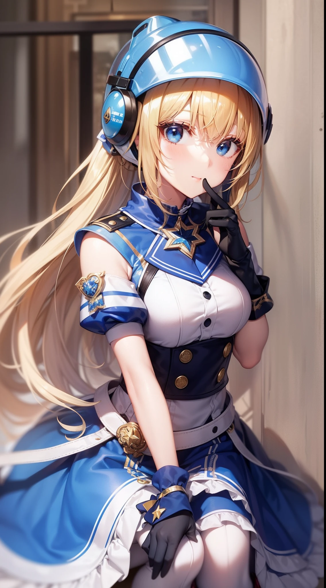 Blonde single ponytail，eBlue eyes，white helmet，There is a blue star on the helmet，Red shoes，Blue and white color matching clothes，best qualtiy，4k画质，Highest image quality