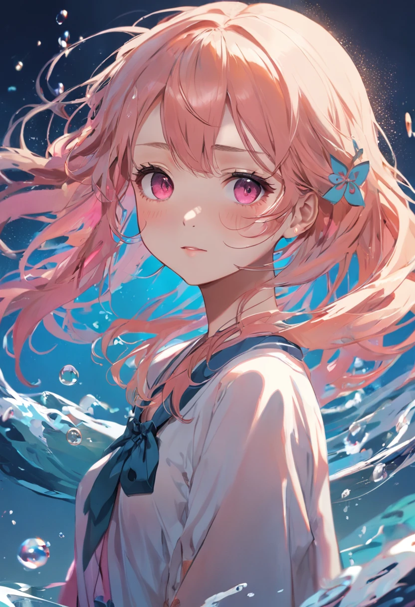 (Masterpiece),(((full bodyesbian))), (Best quality), (Ultra detailed),(disheed hair),(illustration), (1girll), (Fashionable clothing), schoolgirls, Fashion model, (Simple background),美丽细致的眼睛,Delicate beauty,afloat,(high saturated),(Colorful splashes),Colorful bubbles,(Shine),Focus on the face,white color hair,By bangs,Hair rings,Floating flowers,floated hair,(Shiny),best illuminate,Best shadow,Speak with a smile