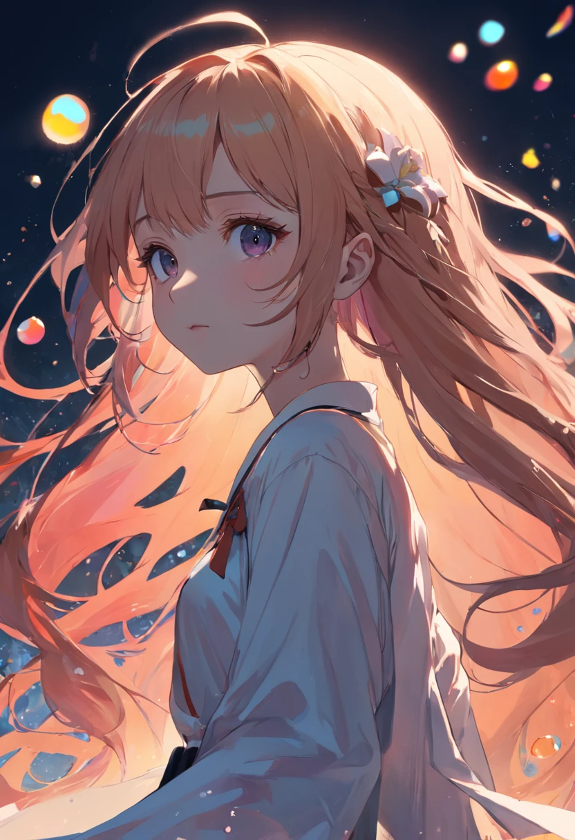 (Masterpiece),(((full bodyesbian))), (Best quality), (Ultra detailed),(disheed hair),(illustration), (1girll), (Fashionable clothing), schoolgirls, Fashion model, (Simple background),美丽细致的眼睛，Delicate beauty，afloat，（high saturated），（Colorful splashes），Colorful bubbles，（Shine），Focus on the face，white color hair，By bangs，Hair rings，Floating flowers，floated hair，（Shiny），best illuminate，Best shadow，Speak with a smile