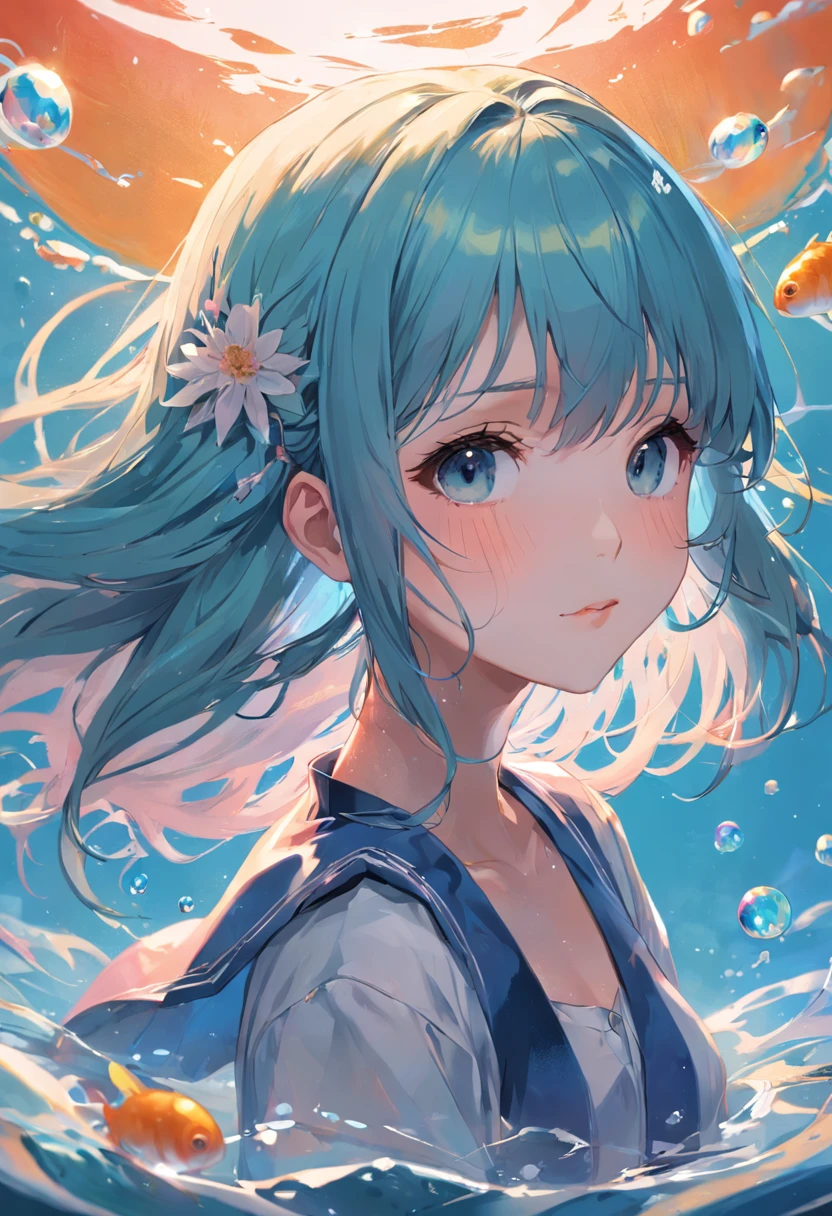 (Masterpiece),(((full bodyesbian))), (Best quality), (Ultra detailed),(disheed hair),(illustration), (1girll), (Fashionable clothing), schoolgirls, Fashion model, (Simple background),美丽细致的眼睛,Delicate beauty,afloat,(high saturated),(Colorful splashes),Colorful bubbles,(Shine),Focus on the face,white color hair,By bangs,Hair rings,Floating flowers,floated hair,(Shiny),best illuminate,Best shadow,Speak with a smile