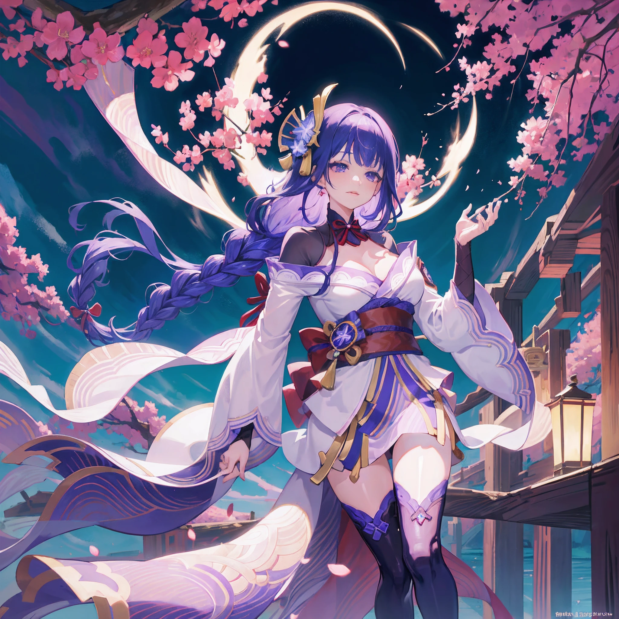 happy, bared legs, Japanese temple, (Highest Quality,masterpiece,8k wallpaper:1.2),((Pale skin)),1girll,Solo Woman,((Genshin_impact,Raiden general)),thunder light particles,Purple thunderbolt,Bright background,the cherry trees,purple color-theme,Delicate facial features,Sexy beautiful anime girl,Raiden general,Long purple hair,rosy lips,Anime mouth,Keep one's mouth shut,A sexy mature woman,(Severely melancholy face),Detailed eyes,busty figure,