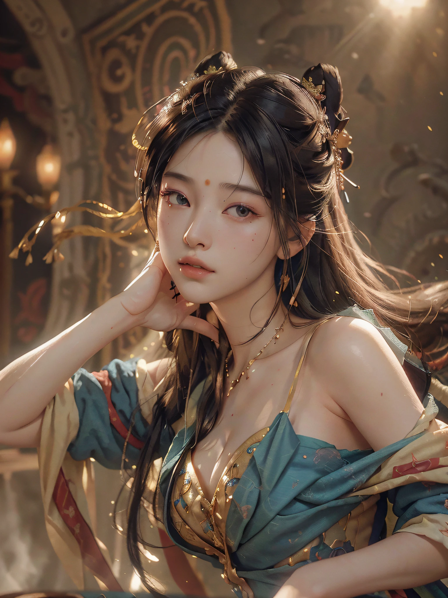 nsfw,(RAW photo, best quality),(realistic, photo-realistic:1.3),best quality,highly detailed,masterpiece,ultra-detailed,illustration,1girl,upper_body,dynamic angle,world masterpiece theater,messy_long_hair,best quality,extremely detailed CG unity 8k wallpaper,ink,Amazing,cinematic lighting,lens_flare,dunhuang_style,