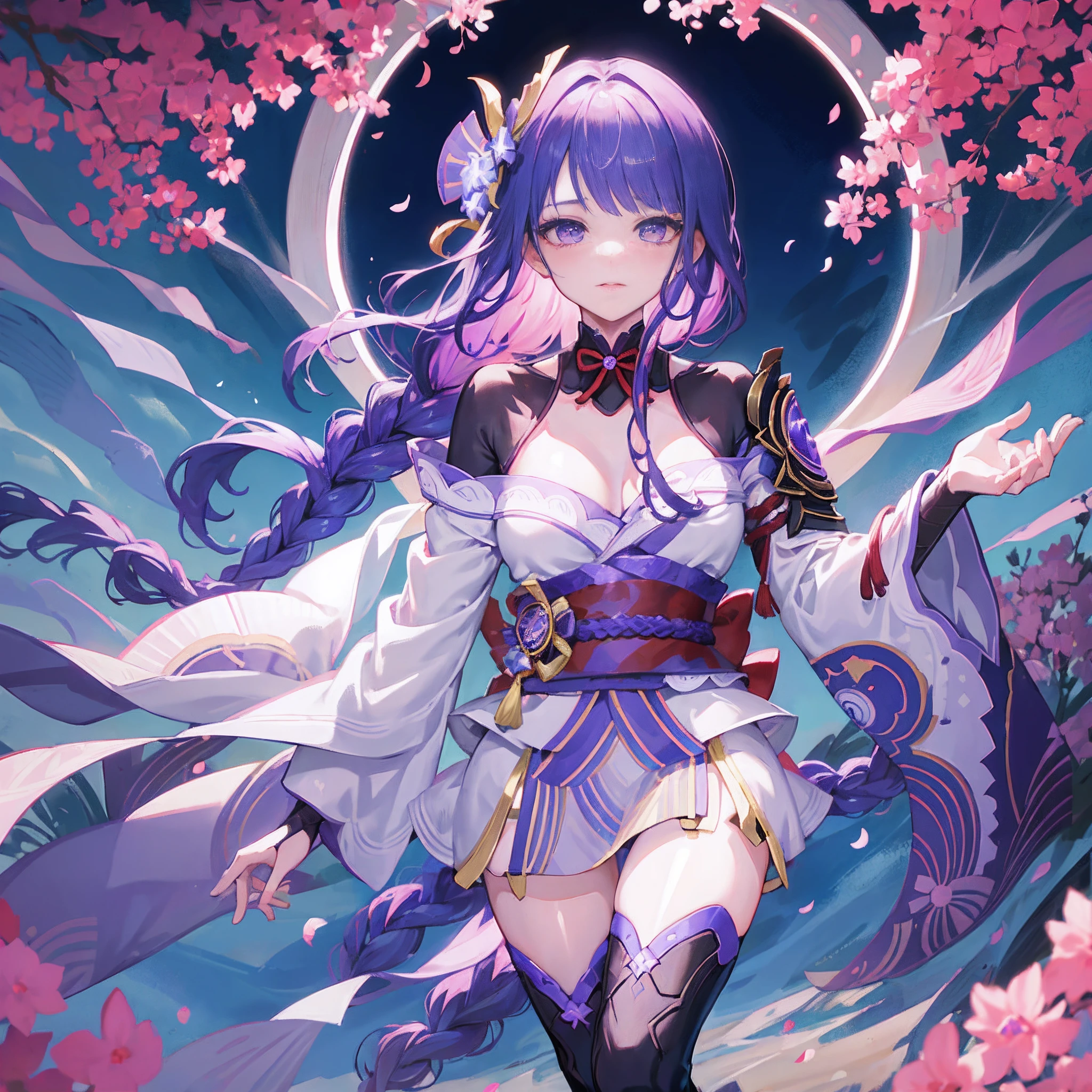 happy, bared legs, Japanese temple, (Highest Quality,masterpiece,8k wallpaper:1.2),((Pale skin)),1girll,Solo Woman,((Genshin_impact,Raiden general)),thunder light particles,Purple thunderbolt,Bright background,the cherry trees,purple color-theme,Delicate facial features,Sexy beautiful anime girl,Raiden general,Long purple hair,rosy lips,Anime mouth,Keep one's mouth shut,A sexy mature woman,(Severely melancholy face),Detailed eyes,busty figure,