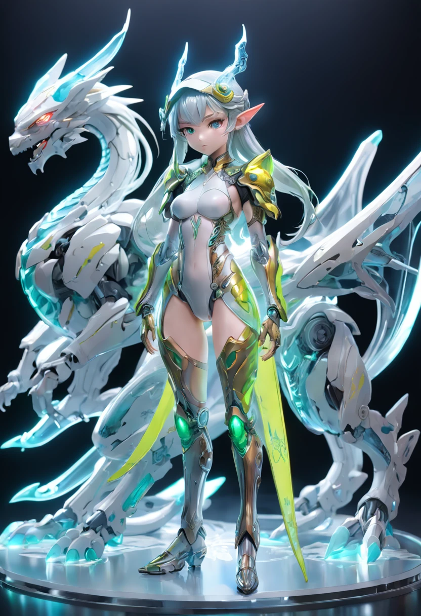 chinesedragon, (Blind box toy style:1.2), (Full body shot) , 1 Transparent adult female elf,Behind her are 2 transparent Chinese dragons, Transparent mech, Exquisite helmet:1.2, Luminous goggles:1.2, Cyberpunk, dreamy glow, luminous neon lights, Clean, White background, ( Global illumination, Ray traching, hdr, unreal render,reasonable design, high detal, Masterpiece, Best quality, hyper HD, Cinematic lighting)