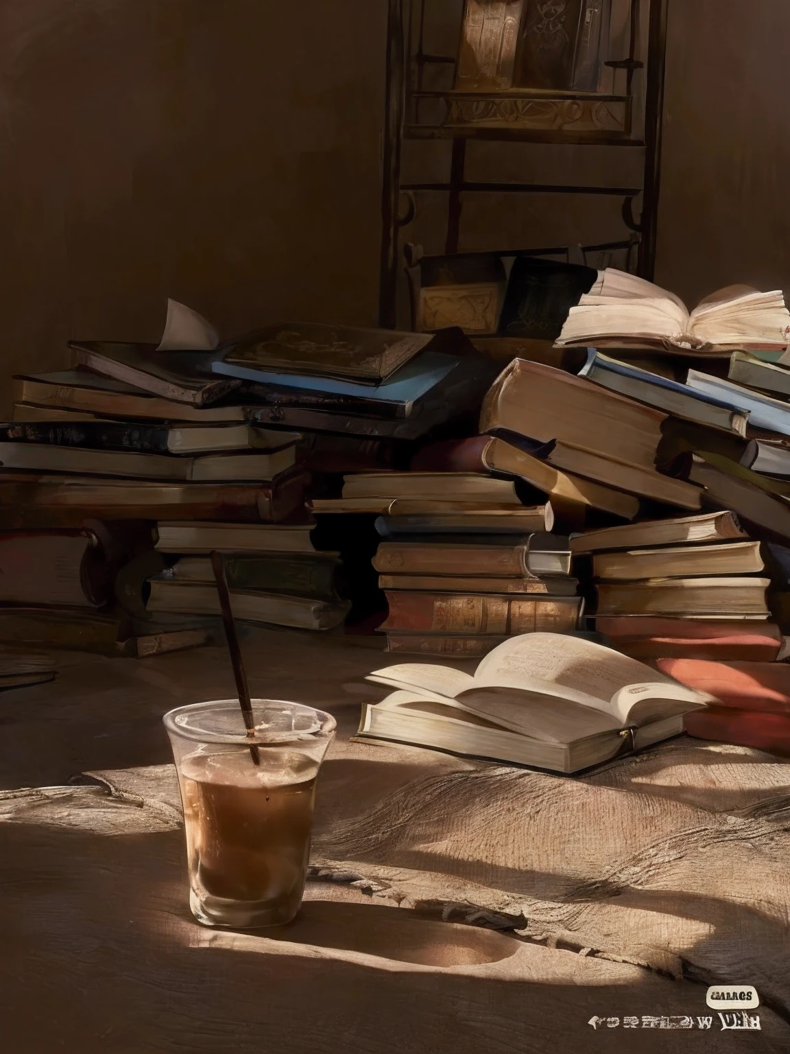 ((Witty details+Old books:1.2)+(dark vibe atmosphere+The smell of books wafts)),(The protagonist+Focus on reading)Vintage books,(Scattered piles of books+Flying dust)Constitute a book hole,Library scene in a dark atmosphere,(A treasure of the Flatray series+Immerse yourself in it)
