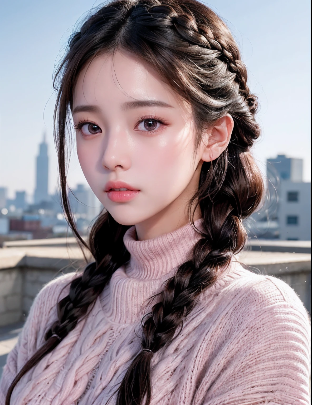 8k, RAW photo, best quality, masterpiece, high detail RAW color photo, professional photograph, (realistic, photorealistic:1.37), (high detailed skin:1.2), high resolution, beautiful detailed eyes, (hard focus:1.4), (sharp focus:1.4),
realistic , (8K UHD:1.2) , photoreaslistic
High quality shadow, 
parted_lips, slender face,
(wavy hair), Half-up top knot, Crown braid, Pink eye color, suggestive look,
(extremeface closeup),  pov, (((depth of field))), pale and lustrous skin, 
Cropped cowl neck sweater,
30yo teen age,
buruma,
Rooftop,
bokeh, lens flare, (vignette:0.8), dramatic lighting, cinematic lighting, back light, professional lighting, physically-based rendering, ulzzang-6500-v1.1, pureerosface_v1.
