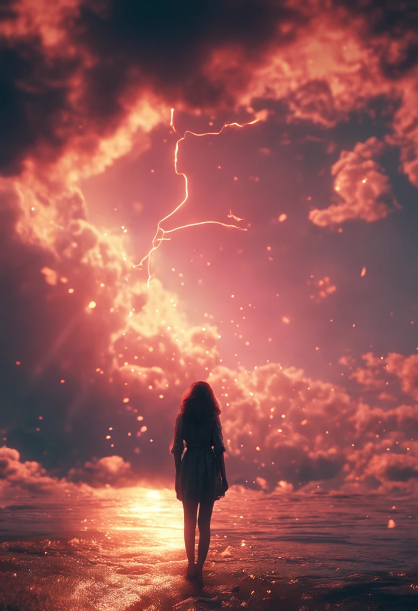 masterpiece, best quality, movie still, 1girl, cloud girl, floating in the sky, close-up, bright, happy, warm soft lighting, sunset, (sparks:0.7)