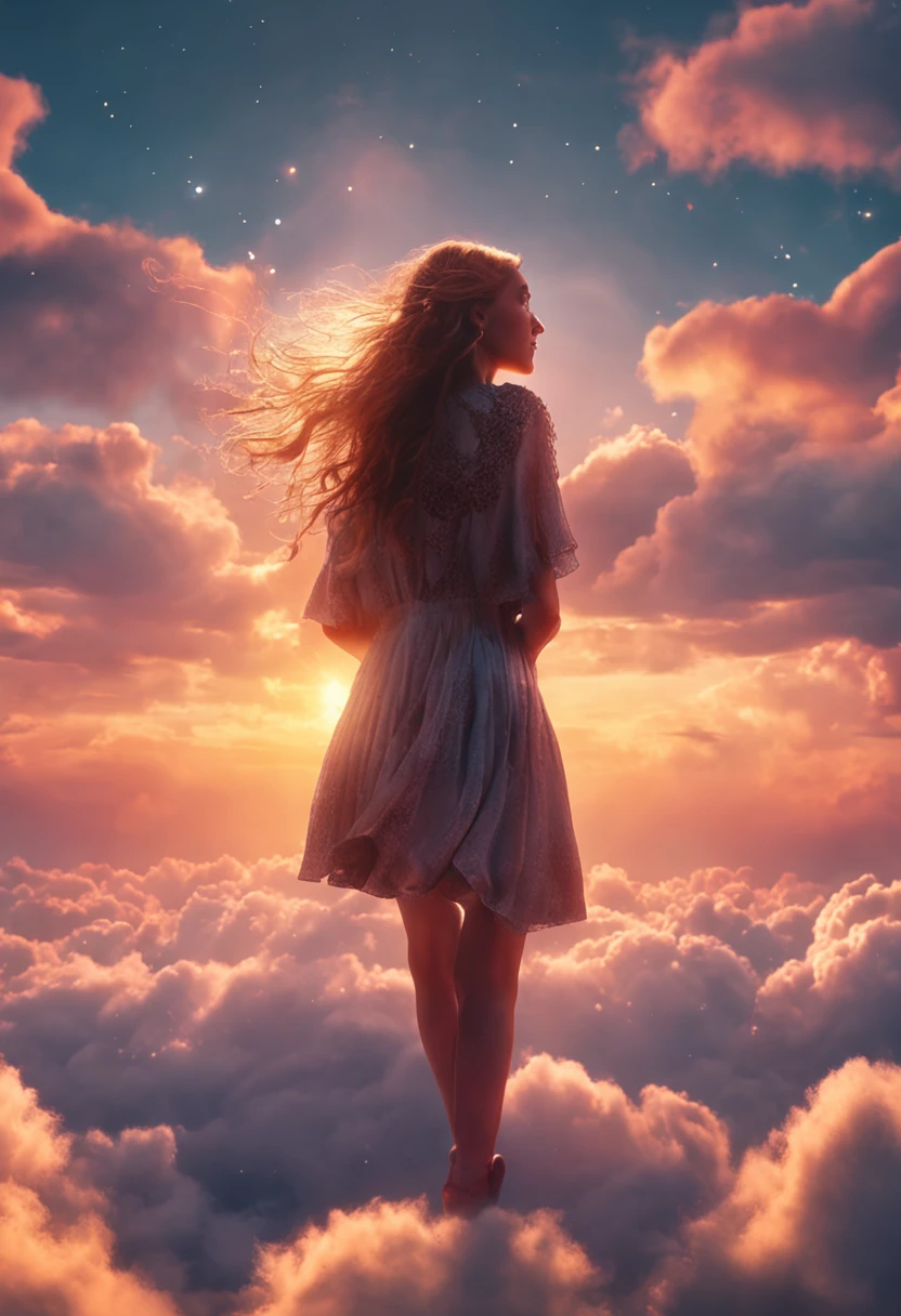 masterpiece, best quality, movie still, 1girl, cloud girl, floating in the sky, close-up, bright, happy, warm soft lighting, sunset, (sparks:0.7)