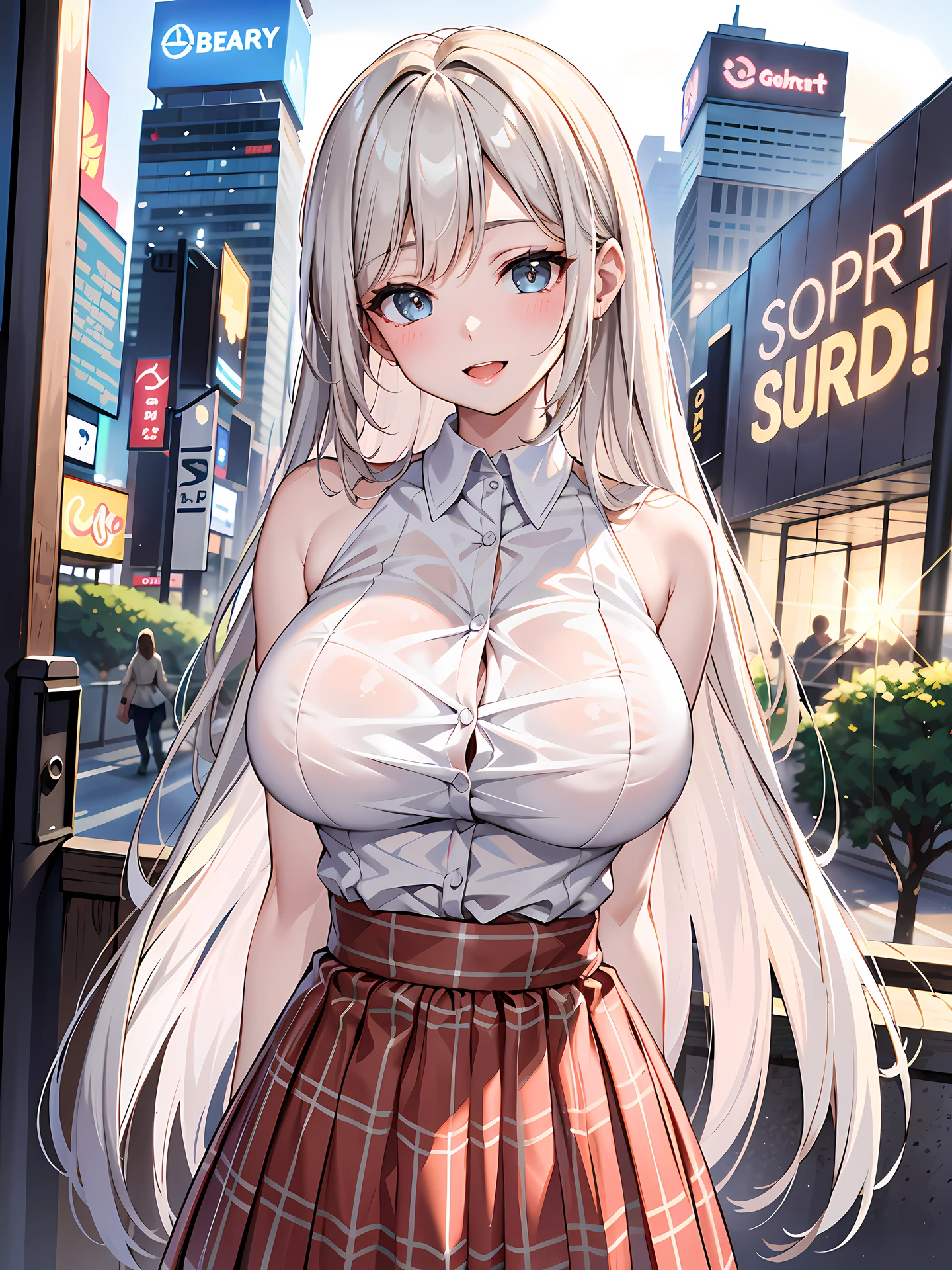 (1girl:1.3, solo), (Masterpiece, best quality, photorealistic, highres, photography, :1.3), ultra-detailed, sharp focus, professional photo, commercial photo, (upper body:1.3), (standing at downtow street), (((starring at the viewer:1.5))), (arms behind back:1.3),
BREAK,
1girl, solo, milf, European girl, hot model, (attractive model:1.37), (promotional model:1.2), highly detailed eyes and pupils, realistic skin, ((attractive body, gigantic breast:1.38, disproportionate breasts:1.38, thin waist:1.15)), medium-length thin hair, single braid hair, mahogany hair, extremely detailed hair, delicate sexy face, sensual gaze, shiny lips,
BREAK,
(white camisole:1.3), (red plaid-pattern-skirt:1.3), detailed clothes,
BREAK,
(outdoor, Times Square garden background, blurry background:1.25, simple background, no-human background, detailed background), (under sunset:1.37),
BREAK,
(attractive posing), ((realistic, super realistic, realism, realistic detail)), perfect anatomy, perfect proportion, bokeh, depth of field, hyper sharp image, (attractive emotion, seductive smile:1.2, happy:1.2, blush:1.2, :d:1.2, :p:1.2), 4fingers and thumb, perfect human hands, wind,