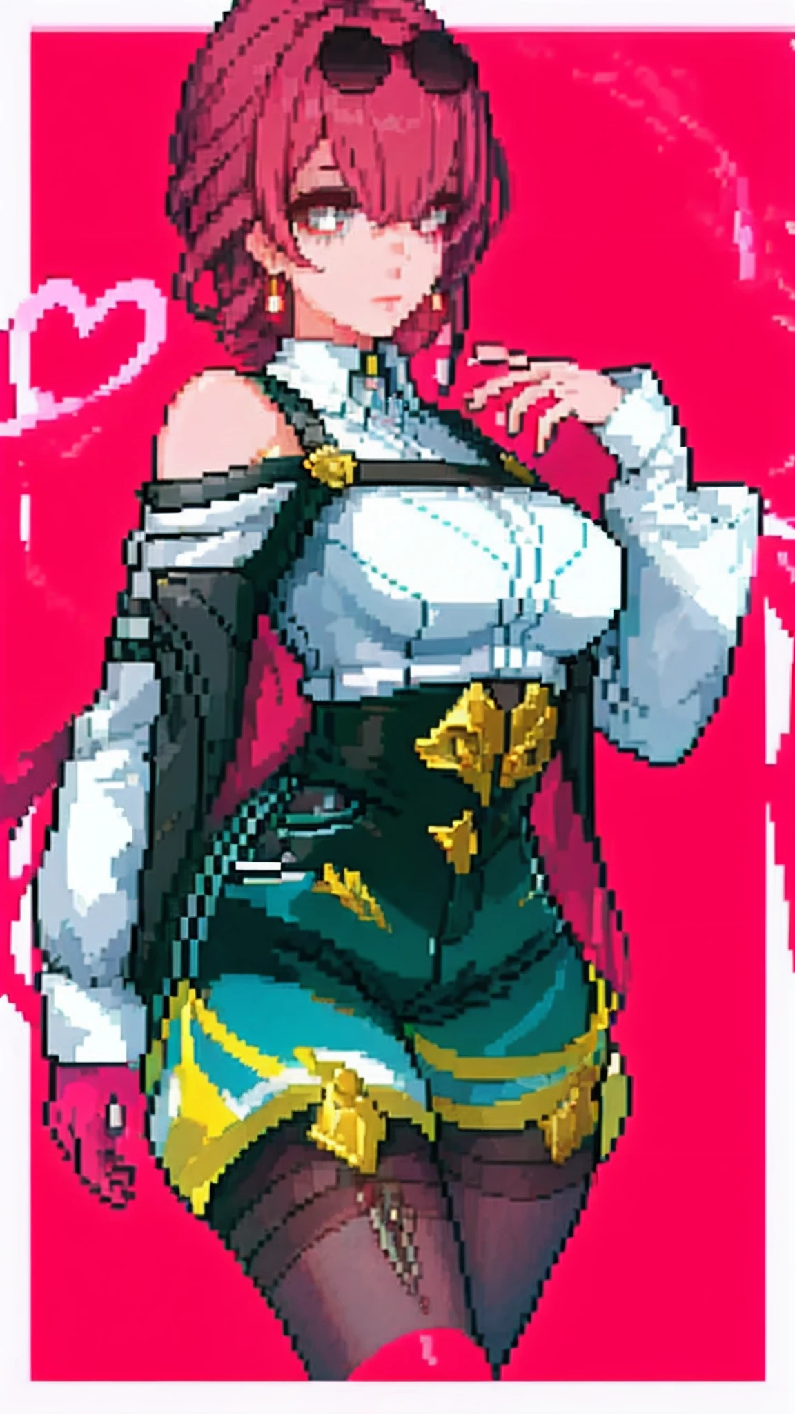 KafkaHKS,(A white border around a red rectangular background:2.5),cropped shoulders,C cup,Ultra shorts,black lence stockings,High detail,Moles under eyes, Heart-shaped pupils,Love pupils,Fleshy thighs,highly rendered,detailed face with