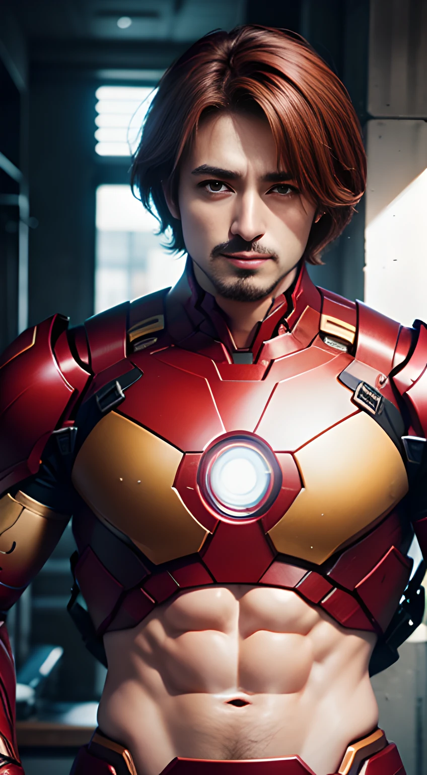 ((Men only)), (head shot), ((showing his abs)), (Handsome muscle man in his 20s), (smile), (IRON MAN), (Leon Kennedy), (red hair), (detaile: 1 in 1), Natural muscles, HIG quality, beautidful eyes, (Detailed face and eyes), (Face、: 1 / 2), Noise, Real Photographics、... ..................................................................................................................PSD, Sharp Focus, High resolution 8K, realisitic & Professional Photography, 8K UHD, Soft lighting, High quality, Film grain, FujifilmXT3