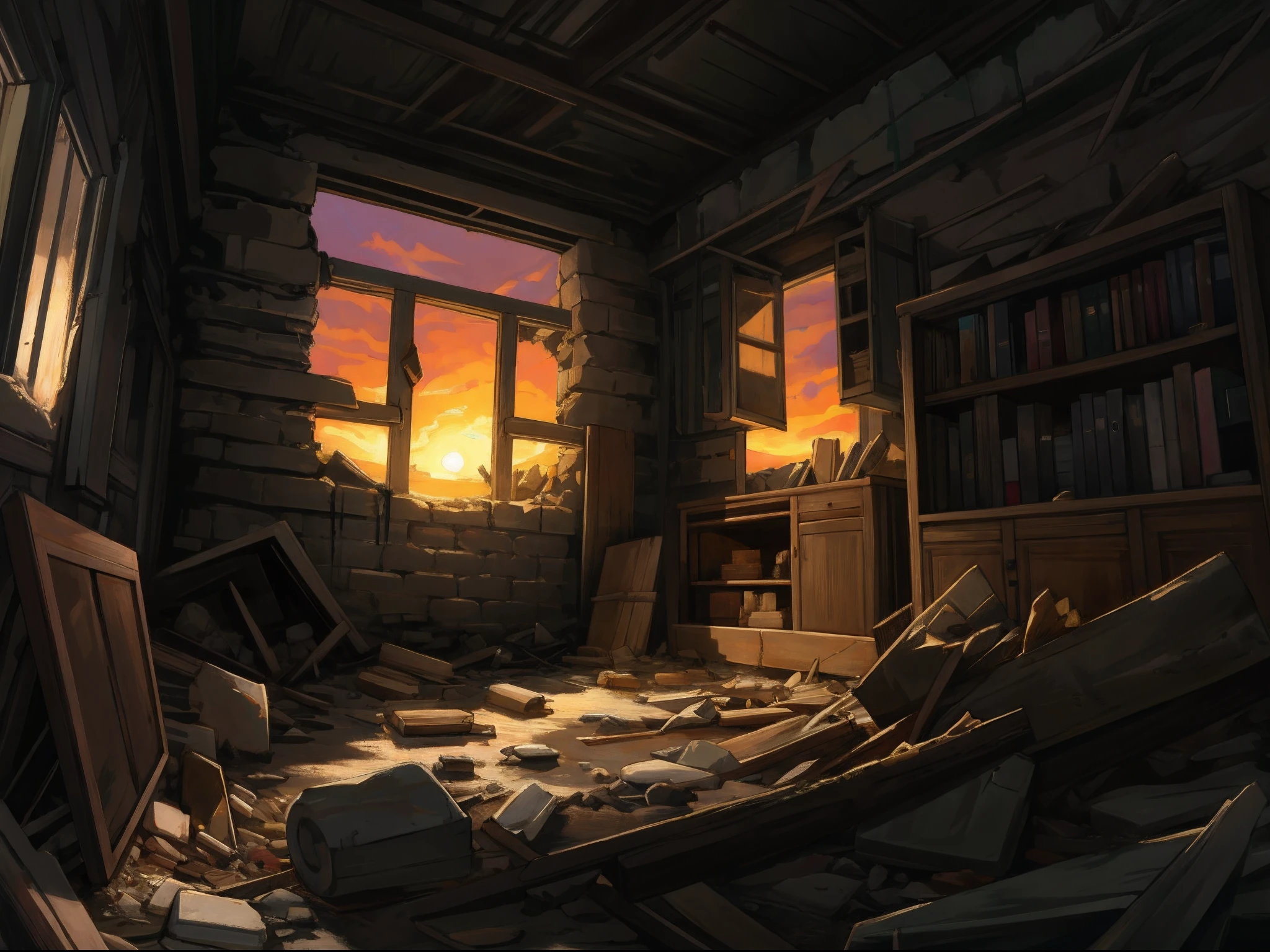 highres, top quality, best quality, paid reward available, High-quality illustrations, unparalleled masterpiece, perfect artwork, absurdres, Weird creature standing in the center of a dimly lit room, Rubble, decayed room, Sunset through the window, dutch angle,