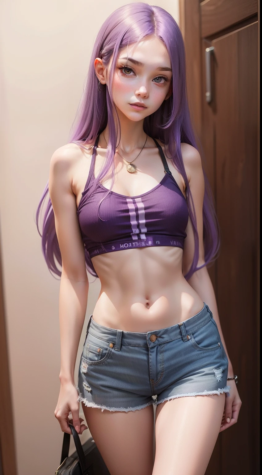 Girl with long purple hair, Slim, pretty, little chest, in shorts