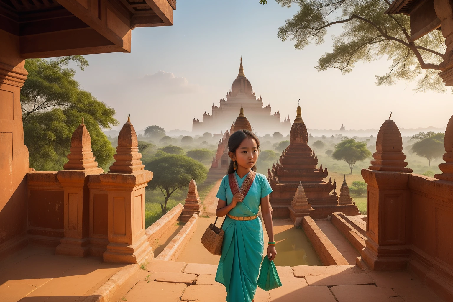 Year: 2017
Country: Myanmar
Description: In the ancient city of Bagan, a tween wearing a traditional longyi explores the intricate architecture of a historic temple. The soft pastel tones of the temple walls harmonize with the rich greenery surrounding the area, evoking a sense of exploration and wonder.