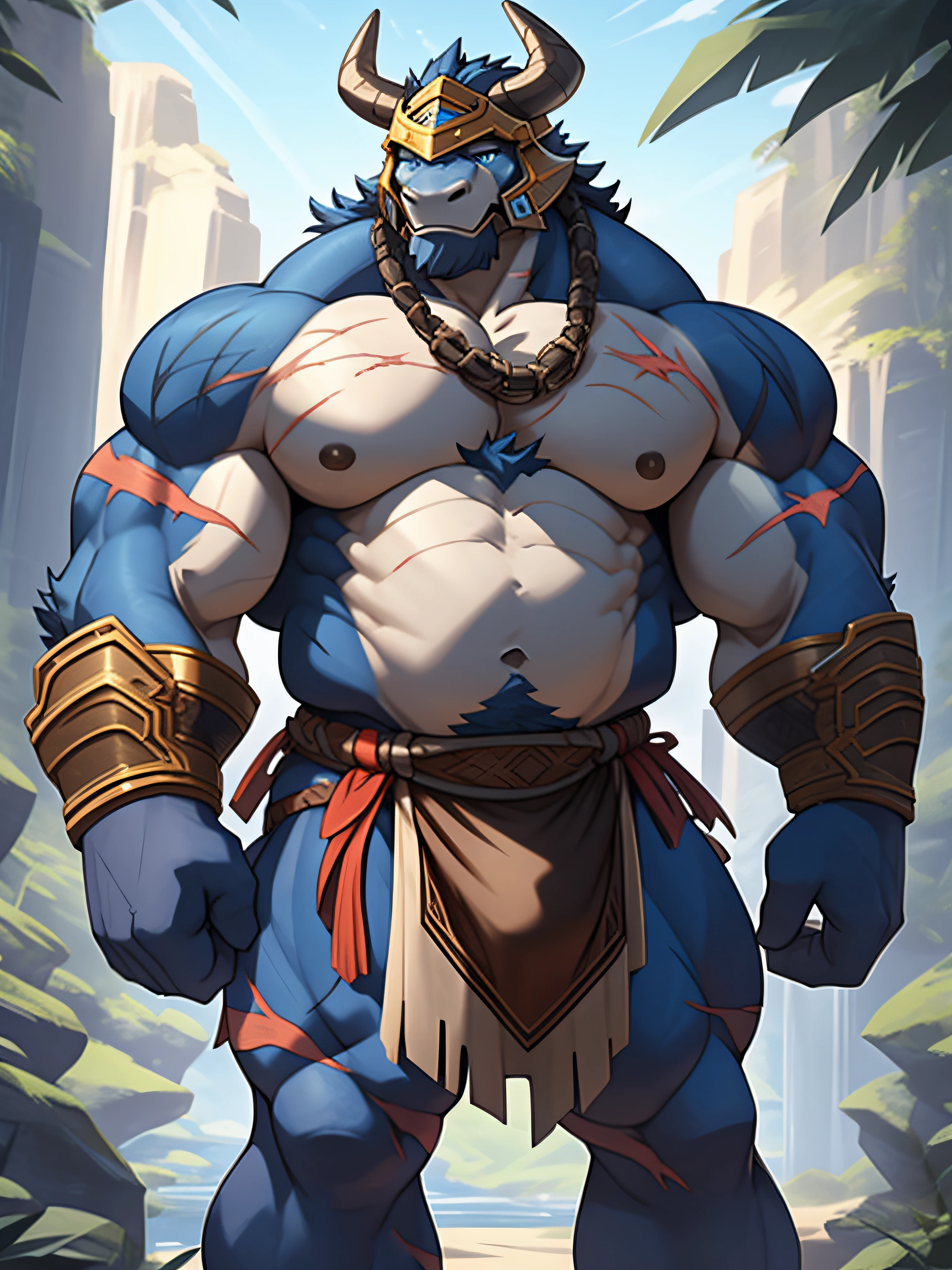 Solo, Male, General Buffalo,Titanium helmet，cheeky face, Wide face, Broad shoulders, Muscular，The general's belly, buff, Strong, Tall, There are many long scars on the upper body, Huge amounts of pubic, immensity, Gigantic, large biceps, Huge pectoral muscles,Gray-blue hair, blue color eyes,  long loincloth with，detailed crotch, massive bulge