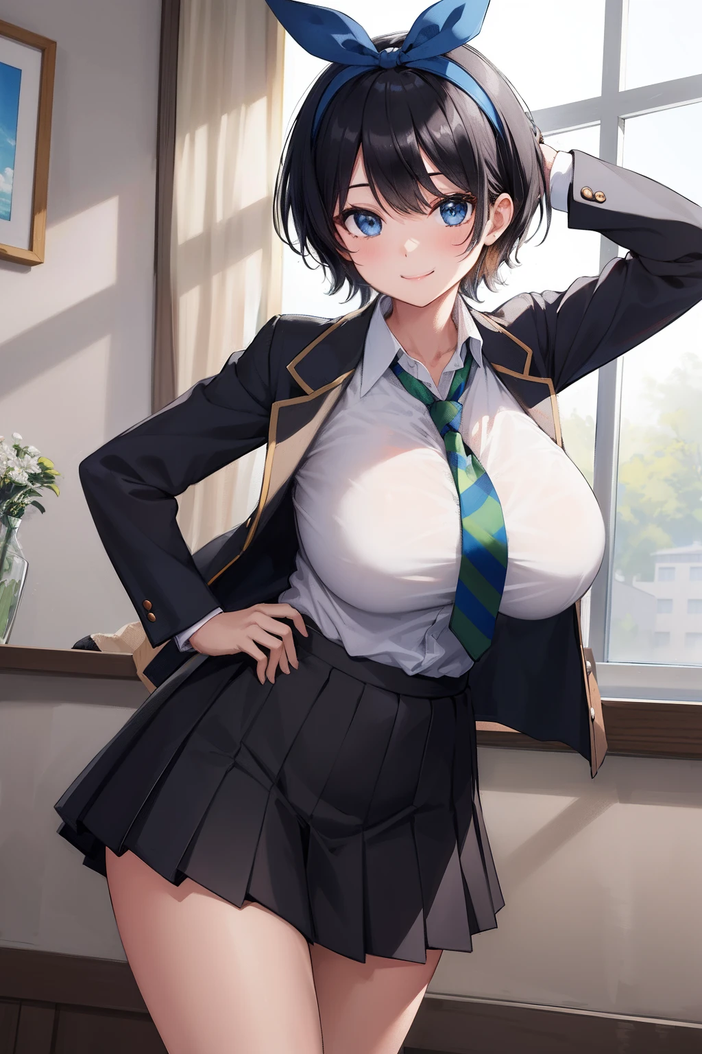 masterpiece, best quality, ((huge breasts)), highres, 1girl, solo, skirt, jacket, shirt, blue eyes, white shirt, necktie, green necktie, black hair, pleated skirt, socks, diagonal-striped necktie, open jacket, open clothes, striped necktie, collared shirt, black jacket, black skirt, striped, blazer, short hair, long sleeves, bangs, school uniform, black socks, diagonal stripes, hairband, hair ribbon, ribbon, blue hairband, dress shirt, bow, cowboy shot, smile,