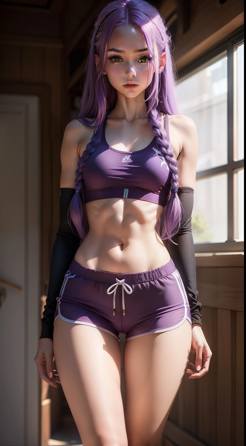 Girl with long purple hair, Slim, pretty, little chest, in sports shorts