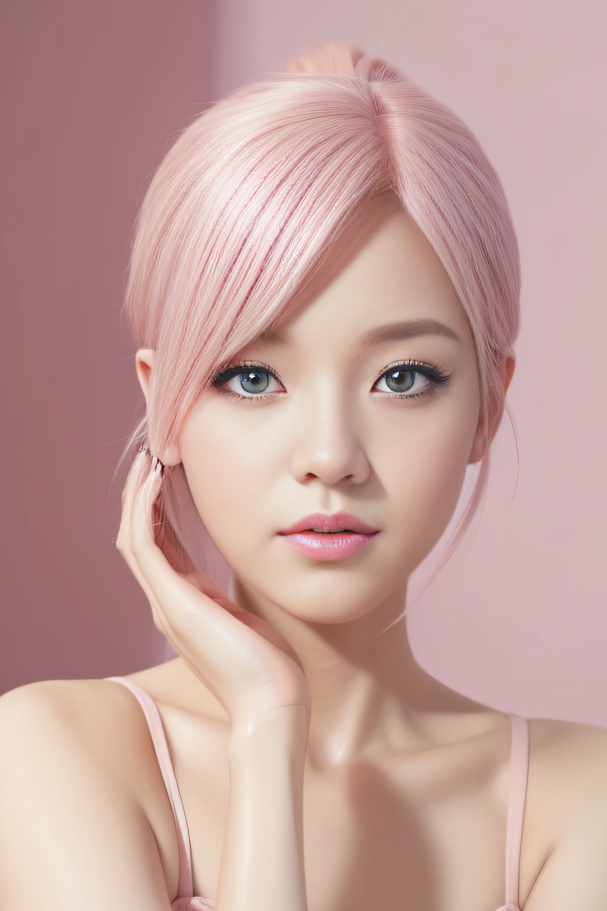 A breathtakingly beautiful 3D surreal woman，Light pink hair, Her hand hovered gracefully beside her face, Create artwork.