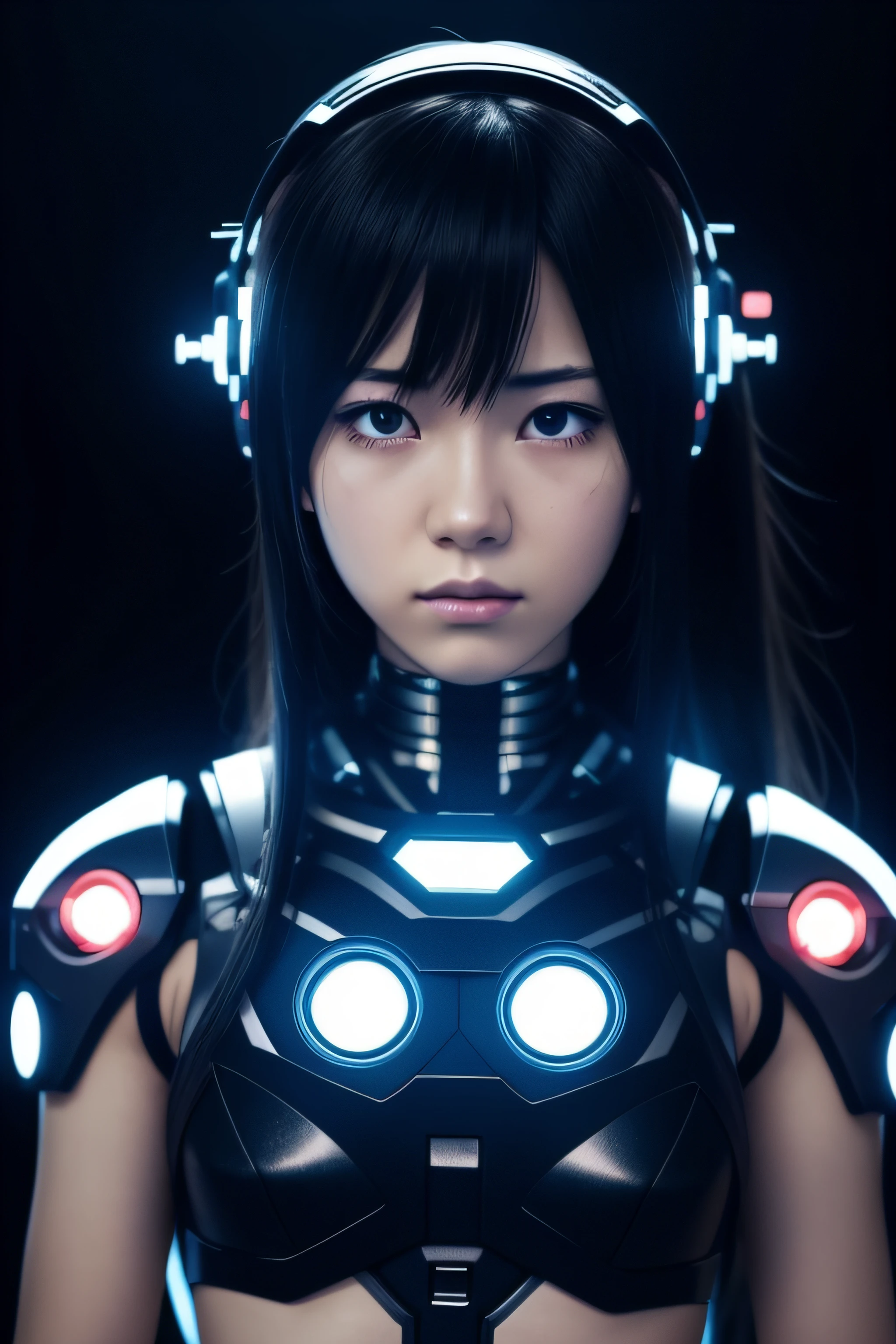 Cyborg girl aesthetic anime Japanese sad girl, Black background, facing camera, Grief vibes,  high technology,