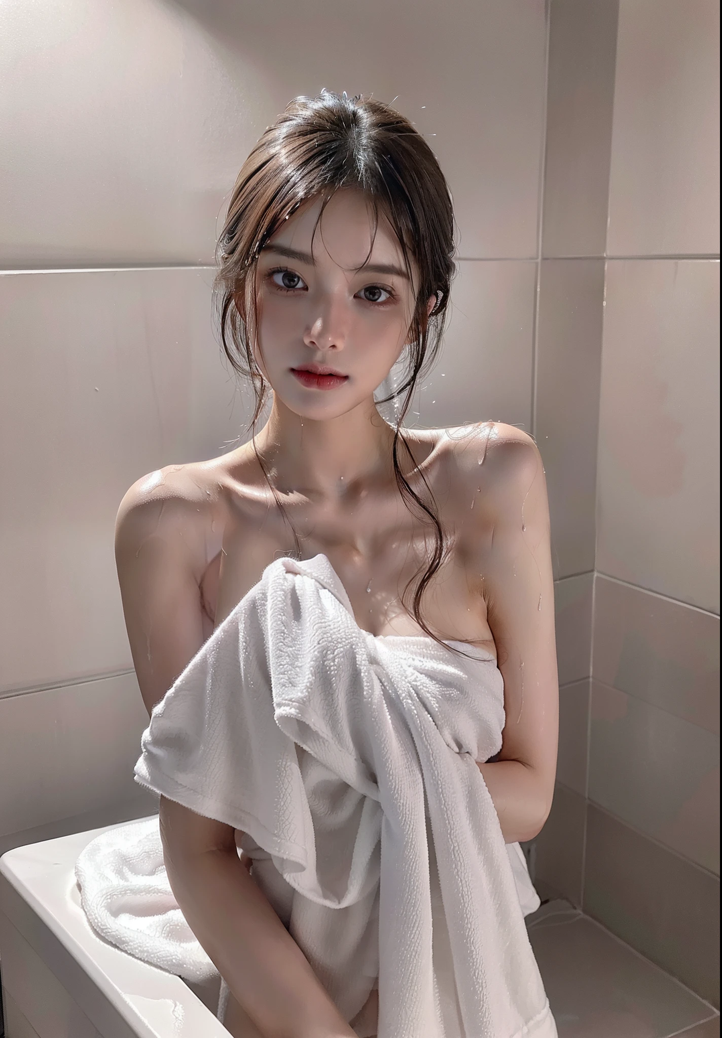 Highest image quality, Outstanding details, Ultra-high resolution, (Realism: 1.4), ((Close up:1.3, view the viewer)), The best illustration, favor details, highly condensed 1girl,A delicate and beautiful face,(Showering，The posture of wrapping in a thin towel after showering,The hair is completely wet：1.4，Woman bathed drenched and naked:1.4),Pink bathroom pink bathtub，nakeness，The bath towel dropped，The chest was seen