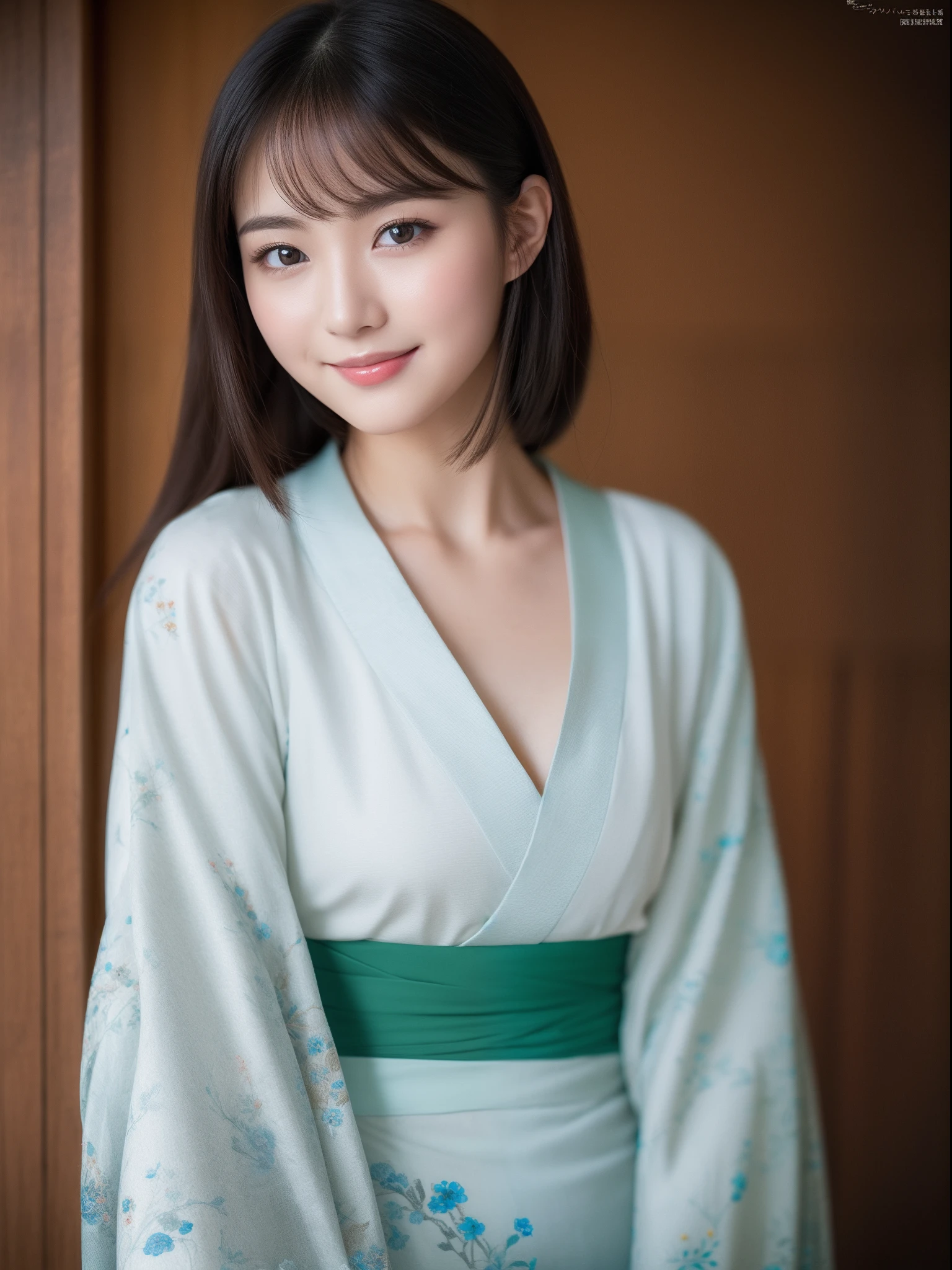 masuter piece, best qualtiy, (、Photorealsitic:1.37)、 ((1人)), 8K, Extremely delicate and beautiful, magnifica, Official art with attention to detail, Ridiculous, unbelievable Ridiculous, huge filesize, ultra-detailliert, ighly detailed, (a beauty girl), (detailed girl), extremely detailed eye and face, Beautiful detailed eyes, Light makeup, (Perfect female figure), ((花魁)), Slim waist, (Korean Beauty), ((full bodyesbian)), With bangs, Feminine look, Gentle smile, (Furisode), (japanese kimono), (18year old),