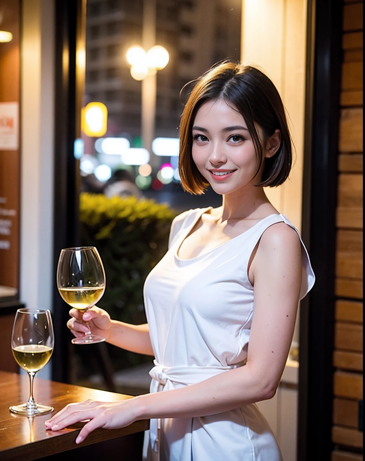 ((Highest quality、8K、masterpiece:1.3))、Shortcuts、cute、slimカップル、modelカップル、actress男優、(Realistic, Intricate details:1.2), full-course dinner、Wine Party、Amazing view of the sunset sky and clouds、A bright smile、short hair,Bright Face、 (Age 45), 42 years old, red wine 、Appetizers、Italian food、Wine bottle、Champagne、sparkling wine、Two beauties、Brown Hair、Shortcuts、Long sleeve shirt、dress、Beautiful woman 1, (slimな顔), (The body is slim), (Brown Hair), (Shortcuts), cheeks turn a little red,Attractive beauty、restaurant, In a prominent place (From the waist up) Nova Frog Style, actress, model, Upper Body, White wine, slim, wine glass, 中央に置かれたwine glass, smile, (smile: 1.15), Beautiful fine grain, Depth f/2,saturation, High Contrast, Strong light and shadow,Moist Body:1.5、3D texture、Delicate eyes、Brown Hair、The hair is very shiny、