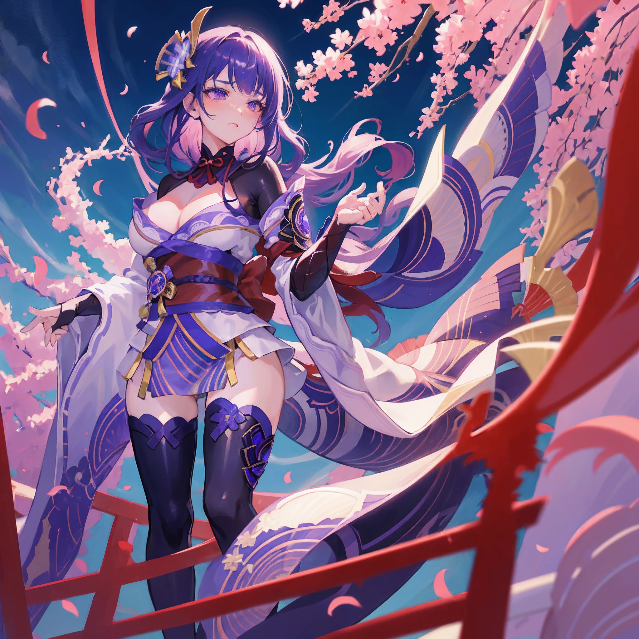 happy, bared legs, Japanese temple, (Highest Quality，masterpiece，8k wallpaper:1.2)，((Pale skin))，1girll，Solo Woman，((Genshin_impact，Raiden general))，thunder light particles，Purple thunderbolt，Bright background，the cherry trees，purple color-theme，Delicate facial features，Sexy beautiful anime girl，Raiden general，Long purple hair，rosy lips，Anime mouth，Keep one's mouth shut，A sexy mature woman，(Severely melancholy face)，Detailed eyes，busty figure，（（solo））