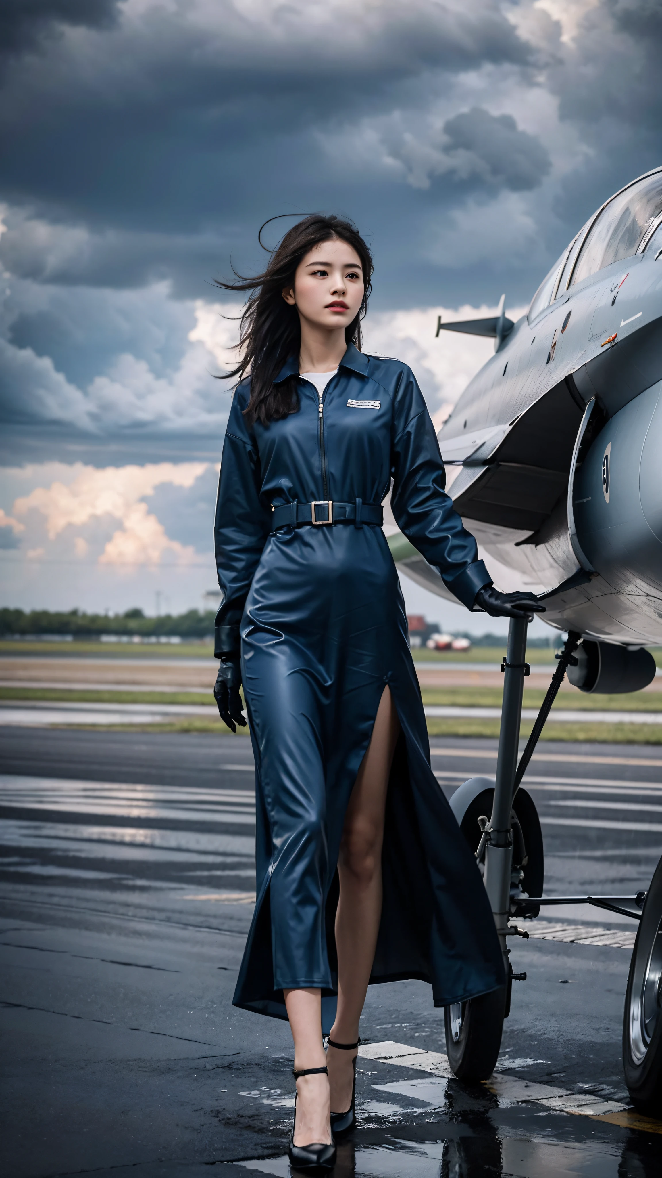 ((smallunderboob,Tomboyish,small heads)), (Well-defined abs: 1.1), (perfect bodies: 1.1), (short-length straighthair: 1.2), Black hair, upper body photos,（极其细致的CG 8k壁纸），（Extremely refined and beautiful），（tmasterpiece），（best qualtiy：1.0），（超高分辨率：1.0），beautiful light up，Perfect lightning，realistic shaded，[A high resolution]，Smooth and flawless fair skin，ultra - detailed ，Elongated legs，flatchest，Slim，emaciated，Female repairman，At military airfields，On the tarmac of a fighter，open air，summertime，in the afternoon，Severe cloudy days，Rainy days，dark stormy clouds，Lightning，No sunlight，Dimly lit，with intense rain，The raindrops in the air are very large，Next to the huge Su-27 fighter，Under the wing of the fighter，Next to the landing gear of the fighter，are standing，Wear dirty dark blue gloves on both hands，Blue camouflage dress long dress，Dark blue cloth shoes，Wet hair，The clothes and pants were soaked，The body is filled with water droplets