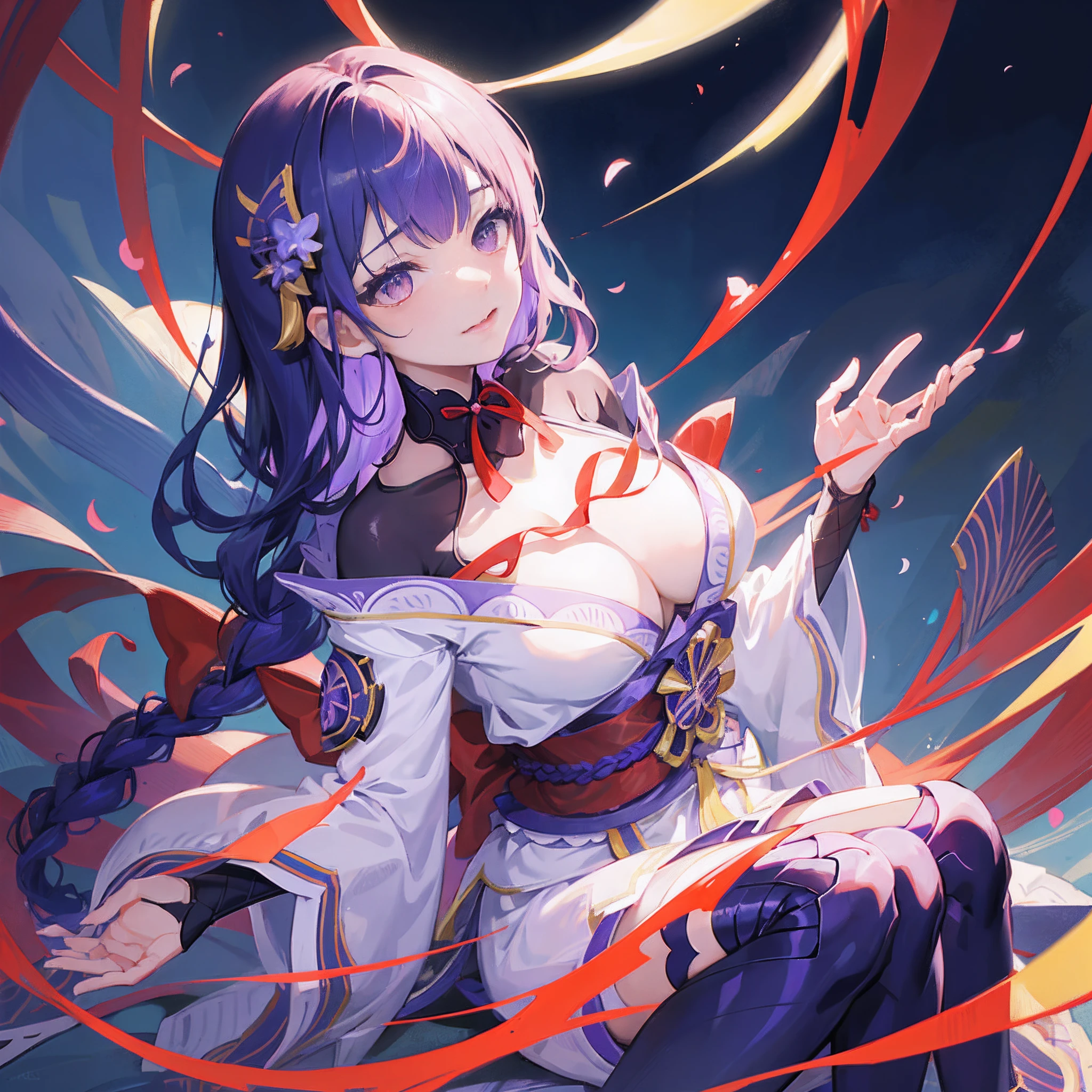 happy, bared legs, Japanese temple, (Highest Quality，masterpiece，8k wallpaper:1.2)，((Pale skin))，1girll，Solo Woman，((Genshin_impact，Raiden general))，thunder light particles，Purple thunderbolt，Bright background，the cherry trees，purple color-theme，Delicate facial features，Sexy beautiful anime girl，Raiden general，Long purple hair，rosy lips，Anime mouth，Keep one's mouth shut，A sexy mature woman，(Severely melancholy face)，Detailed eyes，busty figure，（（solo））