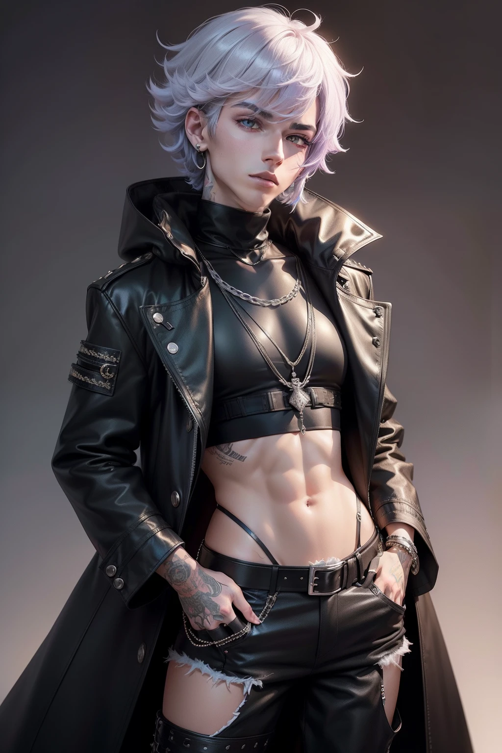 arafed non - binary model male, androgynous, androgynous femboy, beautiful androgynous femboy, androgyny, androgynous person, delicate androgynous prince, non binary model, beautiful androgynous prince, zac retz, lil peep, zero g pretty anime male with lilac hair and grey eyes, big fluffy hair, wolfcut hair, fluffy hair with thick bangs over eyes, deep navel, wearing black designer coat with studs, crop top and black pants with belt, fashionable, uzzlang male, techwear