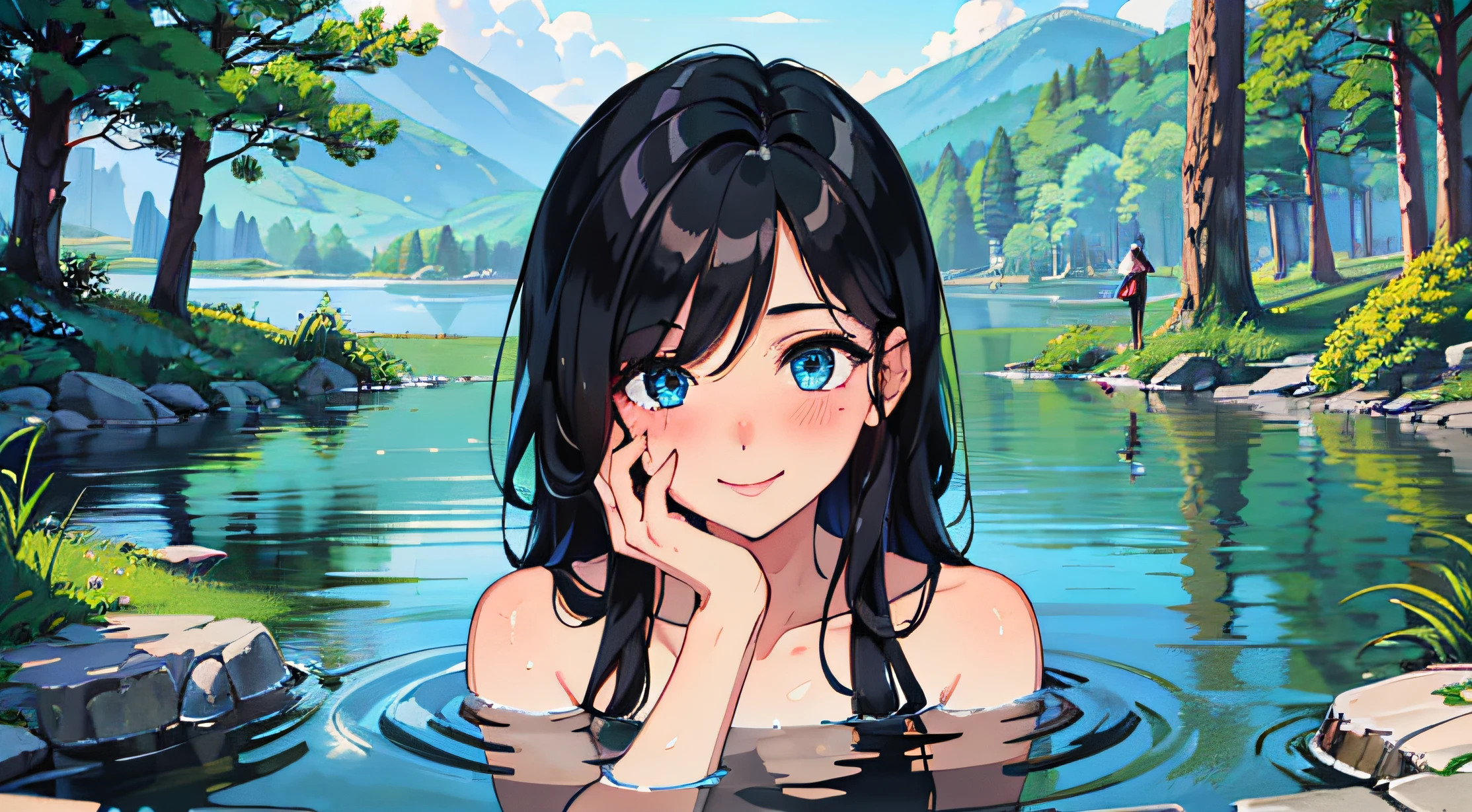 ((Una chica de piel morena y cabello negro y una chica de baja estatura y de cabellos blancos)) ((In a hot spring river))