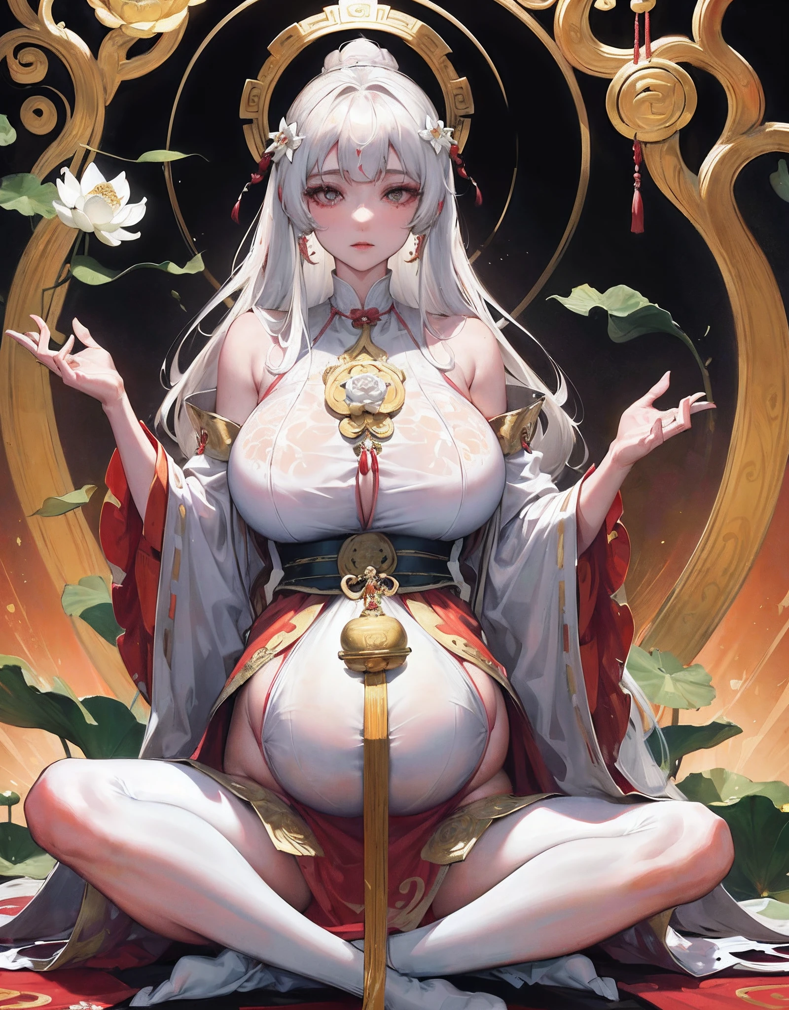 (Avalokiteshvara), Pudu sentient beings, Incarnation of sorrow, Buddhist deity, 1 mature woman, (pregnant mother), Nankai dojo, white silk robe, white socks, white ribbon, white veil, pale face, pitch-black long hair, black pupils, cross-legged meditation, ((super huge breasts)), mother, ((simple style, white lotus background)), Buddhist disciple, saving suffering, great compassion, Pudu sentient beings, extremely solemn, listening to the faithful in the temple, golden pupils, fair skin, meditating cross-legged, without desire and desire,Shaping the holy atmosphere, coiling dragon bun, boundless mana, ancient Chinese aristocracy, beautiful legs, gorgeous ancient Buddhist decoration, (a large number of exquisite white lotus ornaments), perfect flesh full of texture, , scorching rendering effect, jaw-dropping, captivating visual enjoyment, ((best quality)), ((masterpiece)), maximum definition, multi-layered texture, super detailed, illustration, (super detailed face), (perfect face), clear texture, fine texture, Ultra HD detail display, Excellent image performance, High-quality illustrations, perfectly fitting and harmonious tones, deep lines, precise brush strokes, with a strong sense of three-dimensionality and delicate wear, wonderful color matching, intricate details
