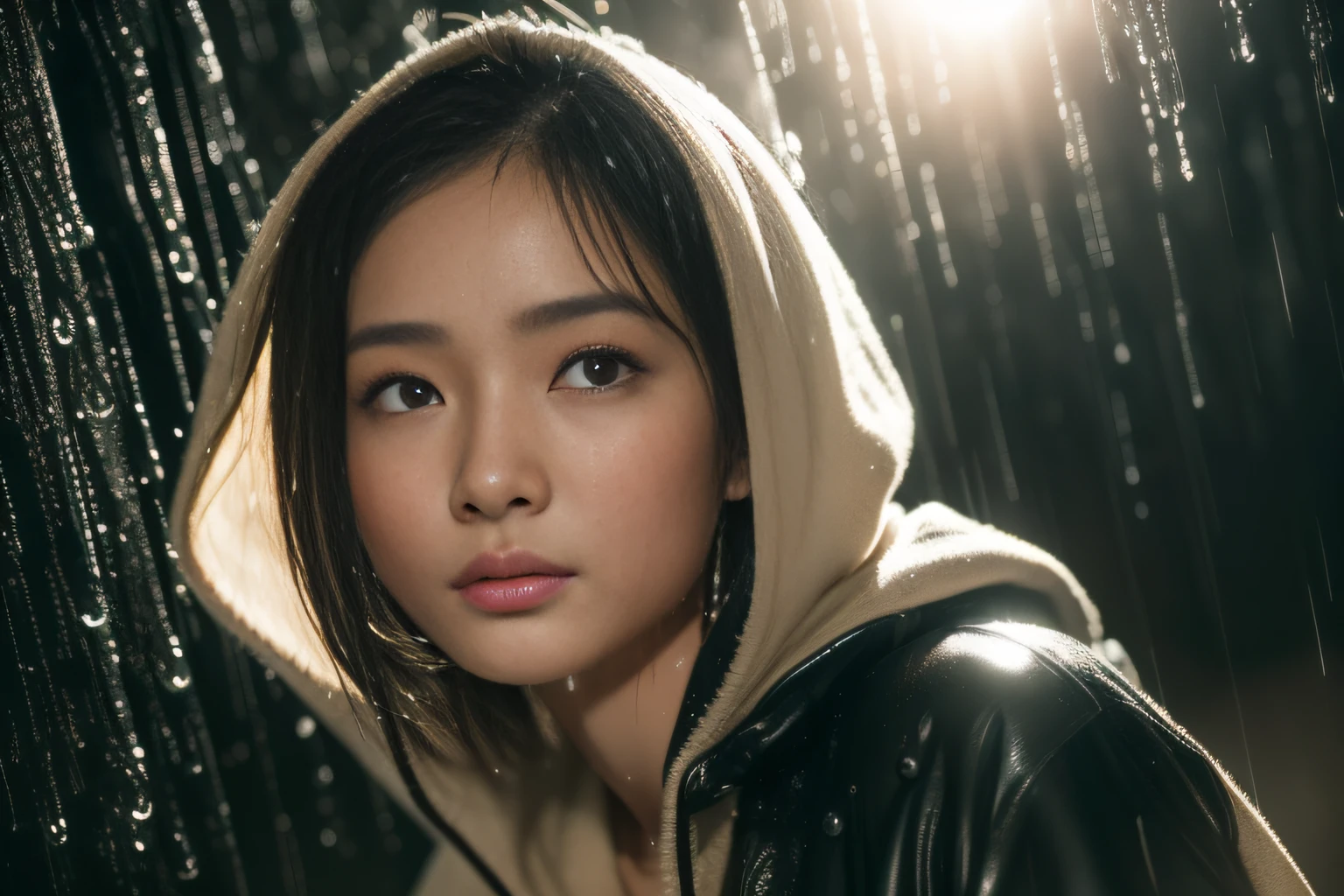 best quality, ultra high res, (photo realistic:1.4), (Japanese famous actress:1.2), very beautiful, kawaii, professional photograph, an extremely delicate and beautiful, extremely detailed, extremely detailed beautiful girl, extremely detailed face, extremely detailed eyes, extremely detailed skin, extremely detailed nose, extremely detailed mouth, fair skin, shiny skin, (blond hair:1.3), (very short hair:1.2), (tanned skin:1.5), black gal, dynamic lighting, (Wet Rain, Wet Body Wet face: 1.5), hoodie, (hard rain:1.4), backlight, (mist water), (splashing:1.3), (hood up1.3), face closeup, (side view), (looking up), streaming tears:1.2),