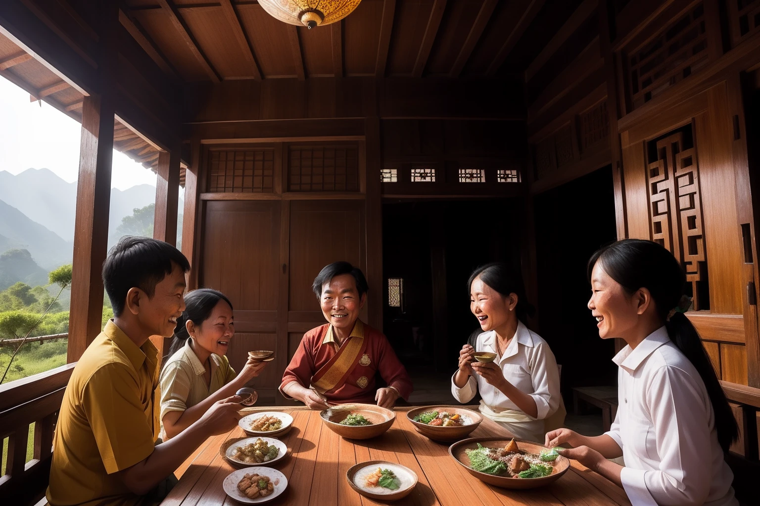 Year: 2019
Country: Myanmar
Description: In the Shan State, a group of upper-middle-class friends gathers in a traditional teak house to enjoy a lively meal. The warm daylight filters through ornate windows, casting a soft glow on the scene as the friends share laughter and stories, capturing the essence of friendship and camaraderie.