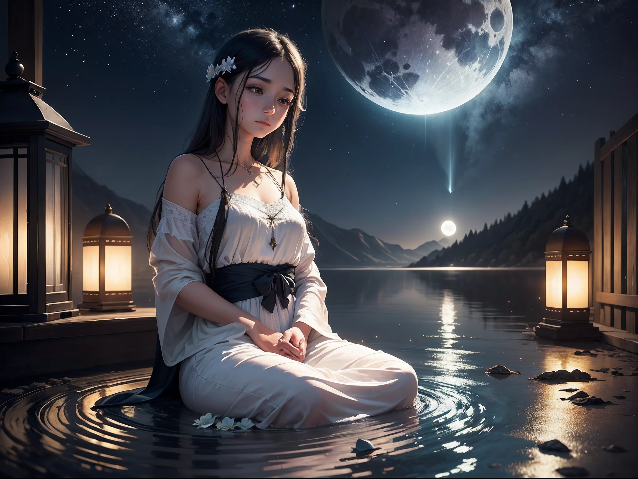 Un retrato pintado digitalmente de una persona con los ojos cerrados, Cabeza inclinada hacia una luna llena brillante. La luz de la luna proyecta un tranquilo tono azul sobre el rostro sereno de la persona., highlighting his expression of inner stillness and Zen. Las estrellas brillan suavemente en el cielo nocturno de fondo. El paisaje alrededor es tranquilo, with a lake reflecting moonlight near where the person sits peacefully in a lotus pose. Sus manos descansan sobre sus rodillas, Face that portrays a deep sense of meditation and calm. The overall mood of the picture is relaxing, luminoso y centrado, Al igual que la paz interior que el sujeto siente en su interior irradia hacia afuera bajo la luz meditativa de la luna.. Style is atmospheric, Elegante y relajante. --auto