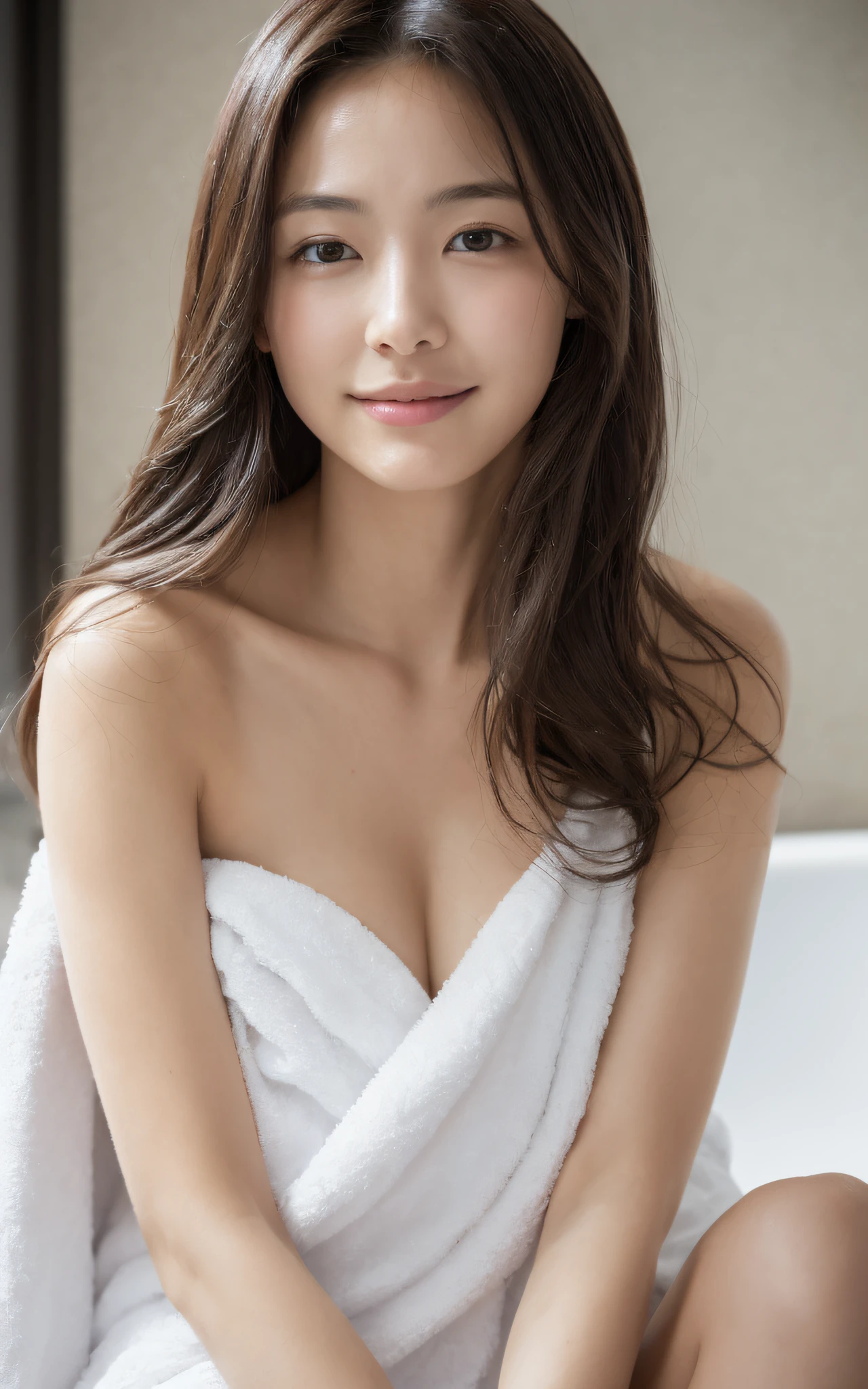 ((of the highest quality, 8K, masutepiece: 1.3)), Beauty, 1 japan girl taking a bath, Big: 1.3, dark brown hair, (Open legs: 1.2), detailed face, very detailed lips, Detailed eyes, Double eyelids, (outer: 1.3), Sweaty skin: 1.2, perfect teeth, smile, (towel: 1.3), wet hair, wet skin