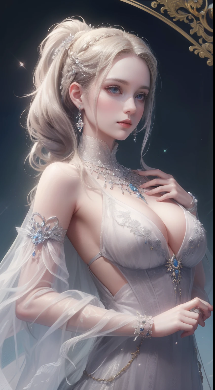 tmasterpiece,Highest high resolution,Bust of a beautiful noble maiden,Delicate braided hair,Coiled hair,Shining clear eyes,The hair is covered with beautiful and delicate jewelry floral craftsmanship, crystal、Diamond jewelry filigree,Ultra-detailed details,upscaled,softlighting。