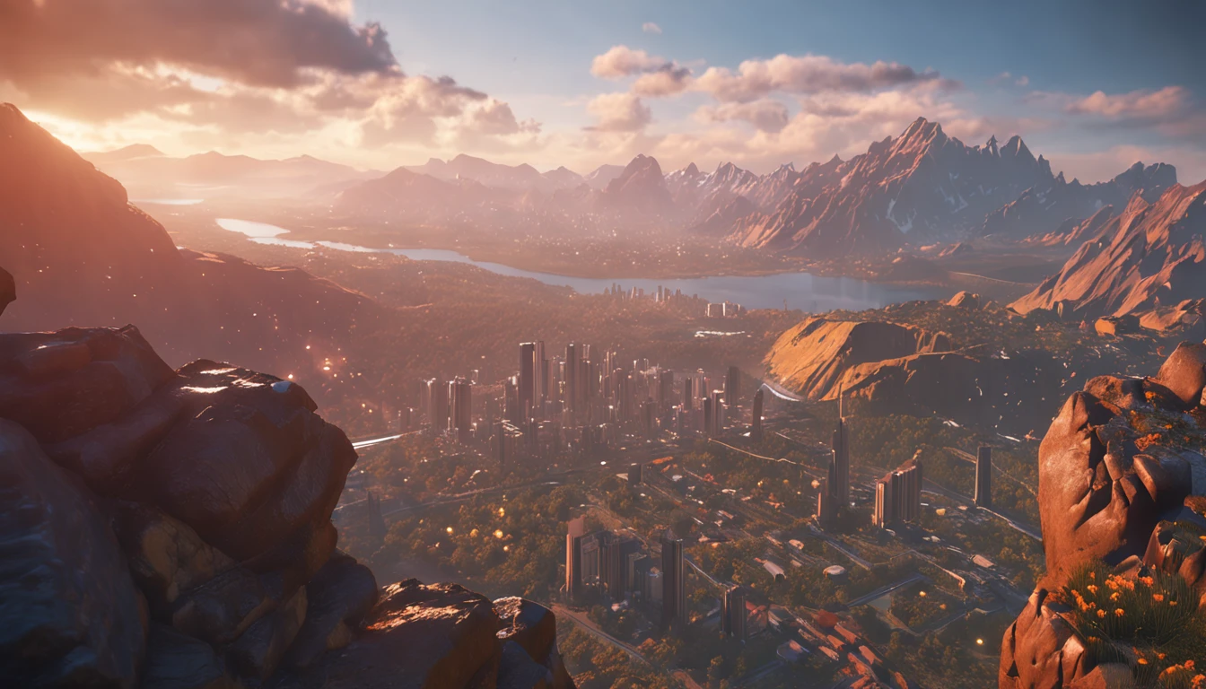 photorealistic, ,best quality,masterpiece,highly detailed,ultra-detailed, mountains cyberpunk city.. 4k 3d render unreal engine 5 rendered with blender and octane global illumination from photorealistic hyper realism concept art by greg rutkowski loish rhads ferdinand knab makoto shinkai tian zi trending on cgsociety Desktop Wallpaper