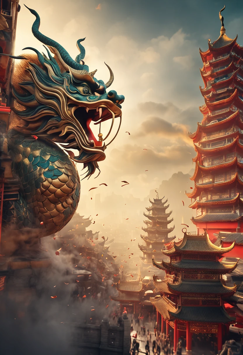 Chinese dragons soar in the sky,Goddesses dance in the bustling city under the dome,The crowd happily watched the ancient buildings up and down,The golden sun shines on everyone,Ancient Tang style,Prosperity,Cinematic texture,high-definition picture quality,A magnificent sense of déjà vu,Reasonable vista composition