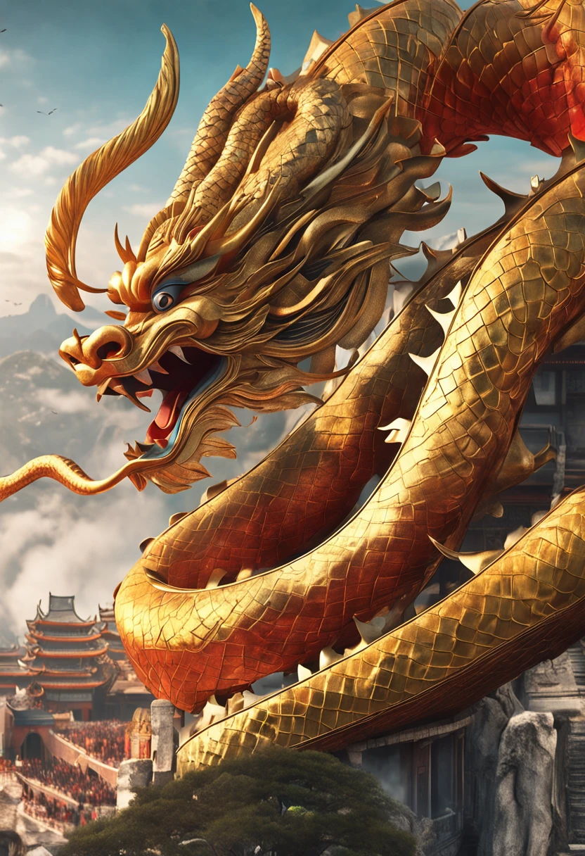 Chinese dragons soar in the sky,Goddesses dance in the bustling city under the dome,The crowd happily watched the ancient buildings up and down,The golden sun shines on everyone,Ancient Tang style,Prosperity,Cinematic texture,high-definition picture quality,A magnificent sense of déjà vu,Reasonable vista composition