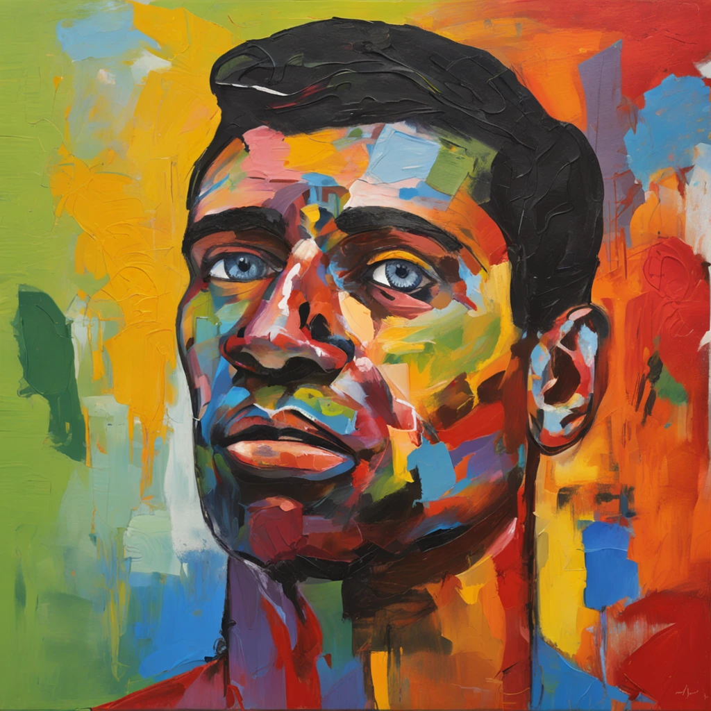 Young Man Face Painting, Black hair standing on end, On colorful backgrounds, Abstract face, abstract portrait, Stylized face, Pop Art Painting, Expressive detail face, The face of a fighting man, Inspired by Picasso, Pop Art Painting, Beautiful expressive paintings, Picasso style, Cubist style、Glowing eyeballs