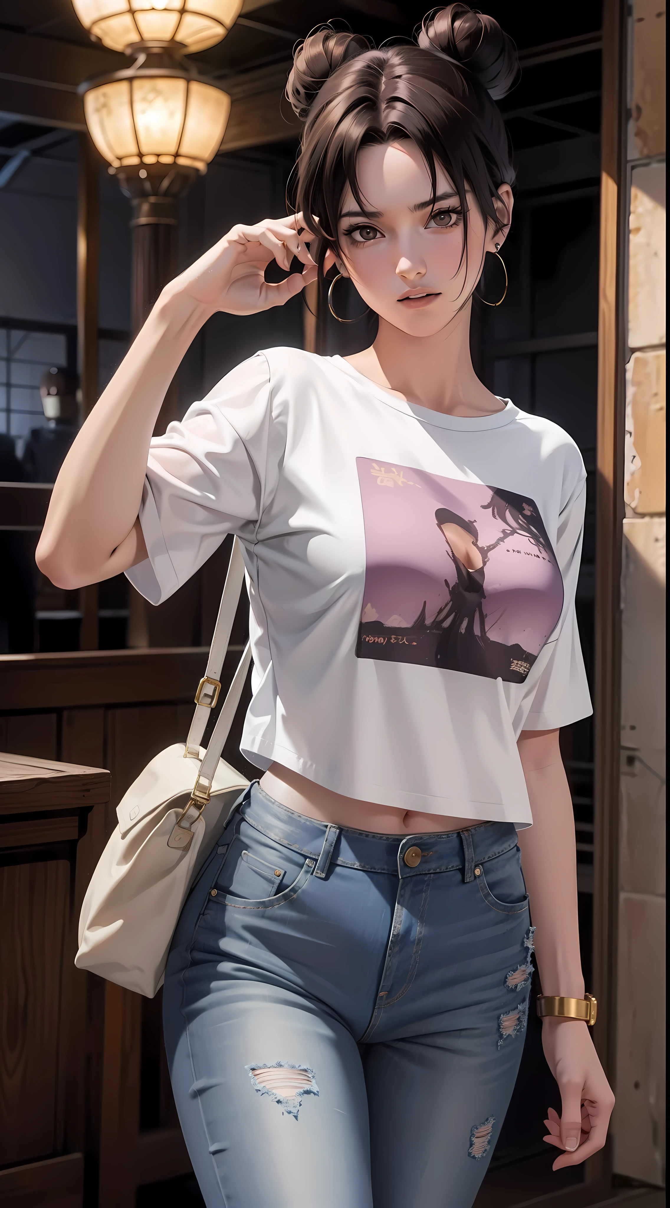tenten from anime naruto, brown hair, wearing mascara, perfect body, perfect tits, beautiful woman, very beautiful, wearing light purple oversized t-shirt , short jeans, wearing handbags, wearing watches, wearing earrings, super market , Realism, masterpiece, textured skin, super detailed, high detail, high quality, best quality, 1080P, HD, 16k