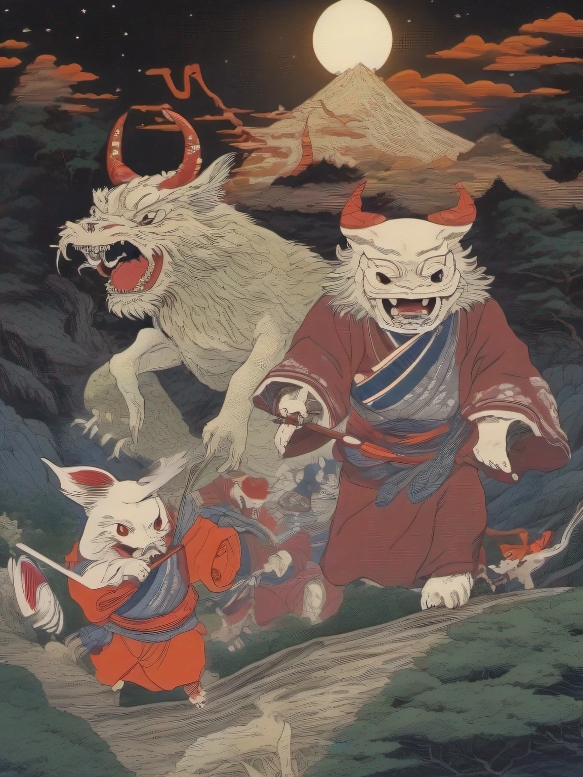 An illustration of strange beings such as monsters moving in groups.
Time of day: night
Location: Deep in the mountains of Japan
People: demons, youkai, and other abnormal beings
Number of people: 100 or more
Characteristics of the presence of anomalies:
Human-faced dog, Rokurokubi, Kappa, Bakeneko, Zashiki-warashi, etc.
Each has a unique appearance and ability
scene:
In the darkness deep in the mountains, strange beings such as demons and youkai are moving in groups.
They run through the mountains, laughing loudly and making noise.
Their appearance is terrifyingly beautiful, just like the demons that came out of hell.