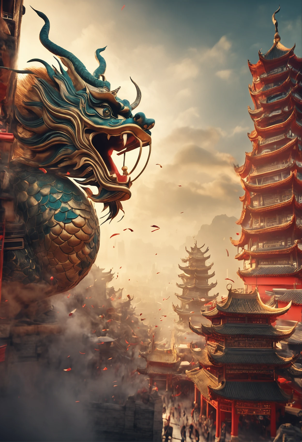 Chinese dragons soar in the sky，Goddesses dance in the bustling city under the dome，The crowd happily watched the ancient buildings up and down，The golden sun shines on everyone，Ancient Tang style，Prosperity，Cinematic texture，high-definition picture quality，A magnificent sense of déjà vu，Reasonable vista composition