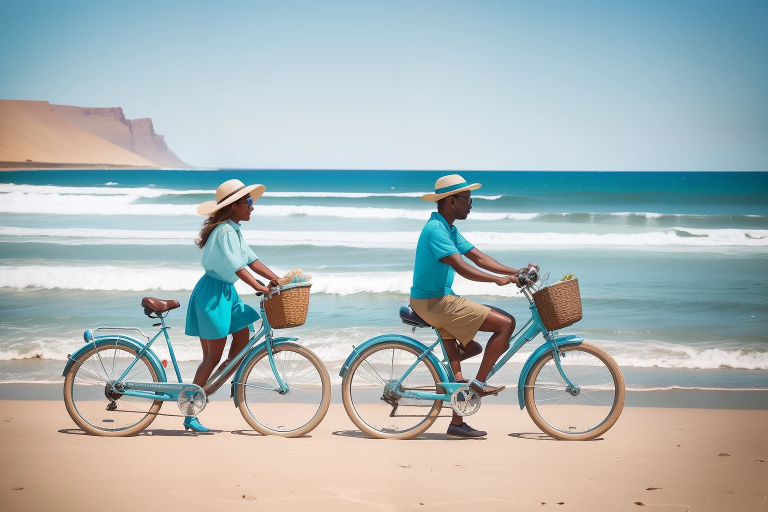 Year: 2018
Country: Namibia
Description: Along the picturesque coastline of Swakopmund, an adult couple enjoys a leisurely bicycle ride on vintage-style bicycles with pastel-colored frames. The luminous coastal light highlights the contrast between the couple's bikes and the blue ocean, encapsulating a sense of nostalgia and romance.