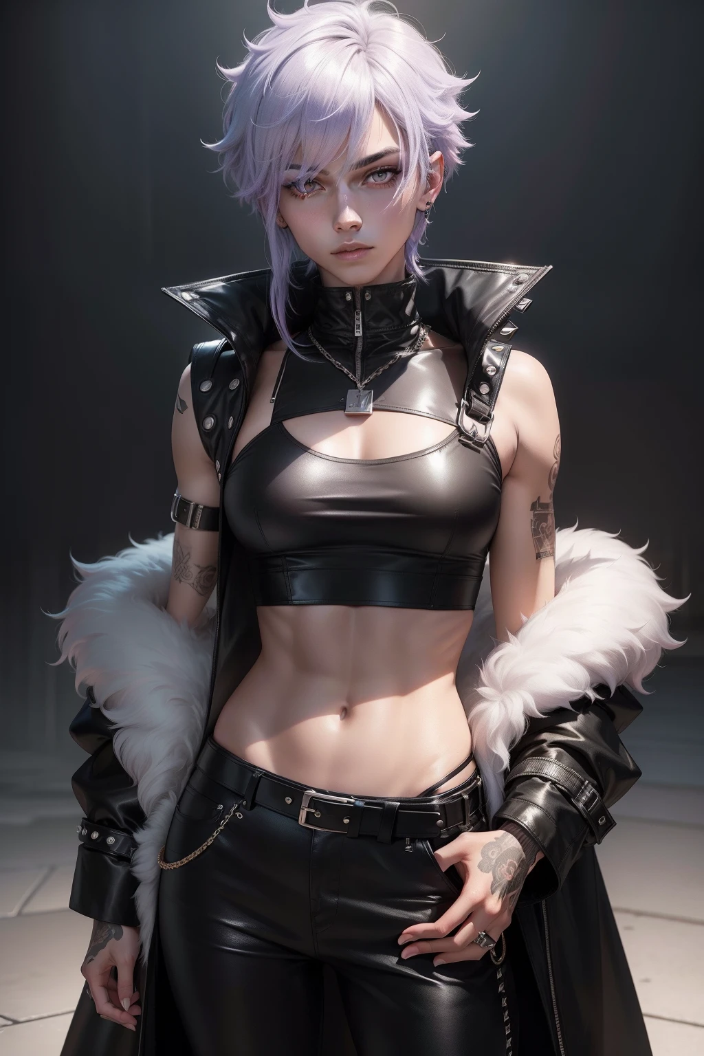 arafed non - binary model male, androgynous, androgynous femboy, beautiful androgynous femboy, androgyny, androgynous person, delicate androgynous prince, non binary model, beautiful androgynous prince, zac retz, lil peep, zero g pretty anime male with lilac hair and grey eyes, big fluffy hair, wolfcut hair, fluffy hair with thick bangs over eyes, deep navel, wearing black designer coat with studs, crop top and black pants with belt, fashionable, uzzlang male, techwear, crop top covering chest, shirt over navel