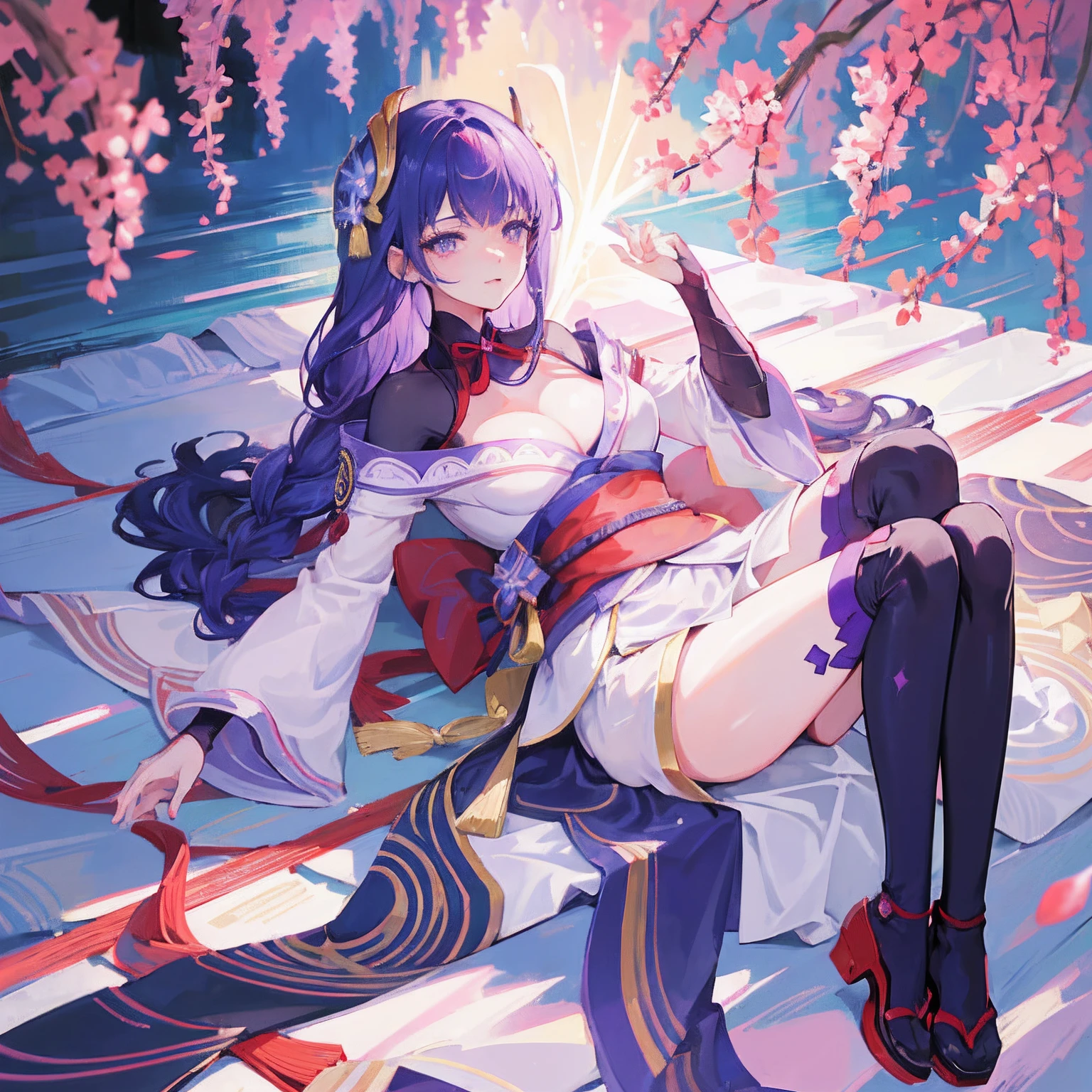 happy, bared legs, Japanese temple, (Highest Quality，masterpiece，8k wallpaper:1.2)，((Pale skin))，1girll，Solo Woman，((Genshin_impact，Raiden general))，thunder light particles，Purple thunderbolt，Bright background，the cherry trees，purple color-theme，Delicate facial features，Sexy beautiful anime girl，Raiden general，Long purple hair，rosy lips，Anime mouth，Keep one's mouth shut，A sexy mature woman，(Severely melancholy face)，Detailed eyes，busty figure，（（solo）），lying