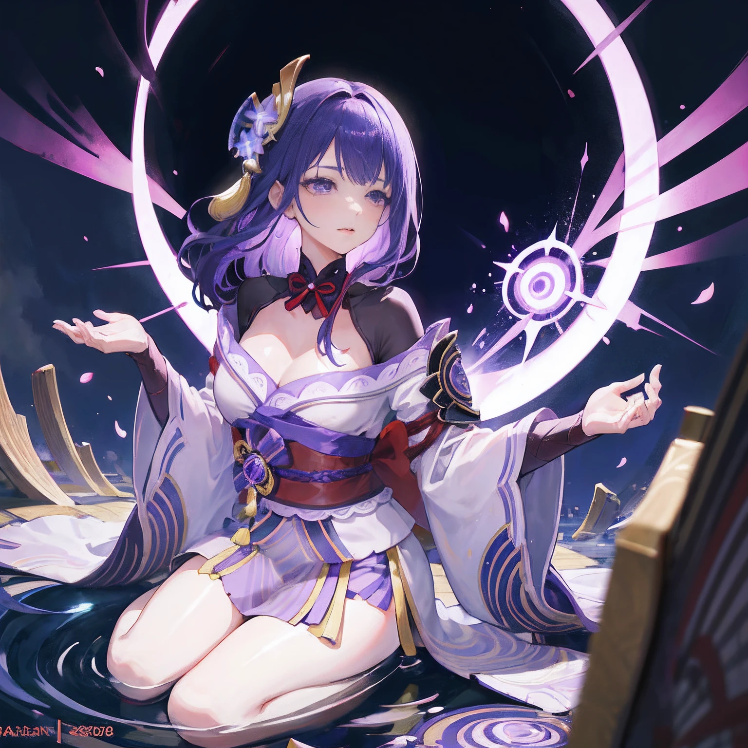 happy, bared legs, Japanese temple, (Highest Quality，masterpiece，8k wallpaper:1.2)，((Pale skin))，1girll，Solo Woman，((Genshin_impact，Raiden general))，thunder light particles，Purple thunderbolt，Bright background，the cherry trees，purple color-theme，Delicate facial features，???? beautiful anime girl，Raiden general，Long purple hair，rosy lips，Anime mouth，Keep one's mouth shut，A ???? mature woman，(Severely melancholy face)，Detailed eyes，busty figure，（（solo）），lying