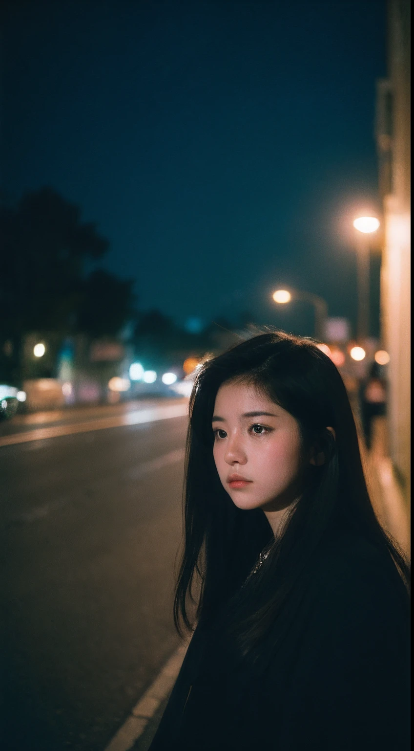 （8K, RAW photo, Best quality）1girll, Beautiful face, Black hair,under moonlight，saddened， the street,Faraway view，Background bokeh，Focalors，filmgrain,