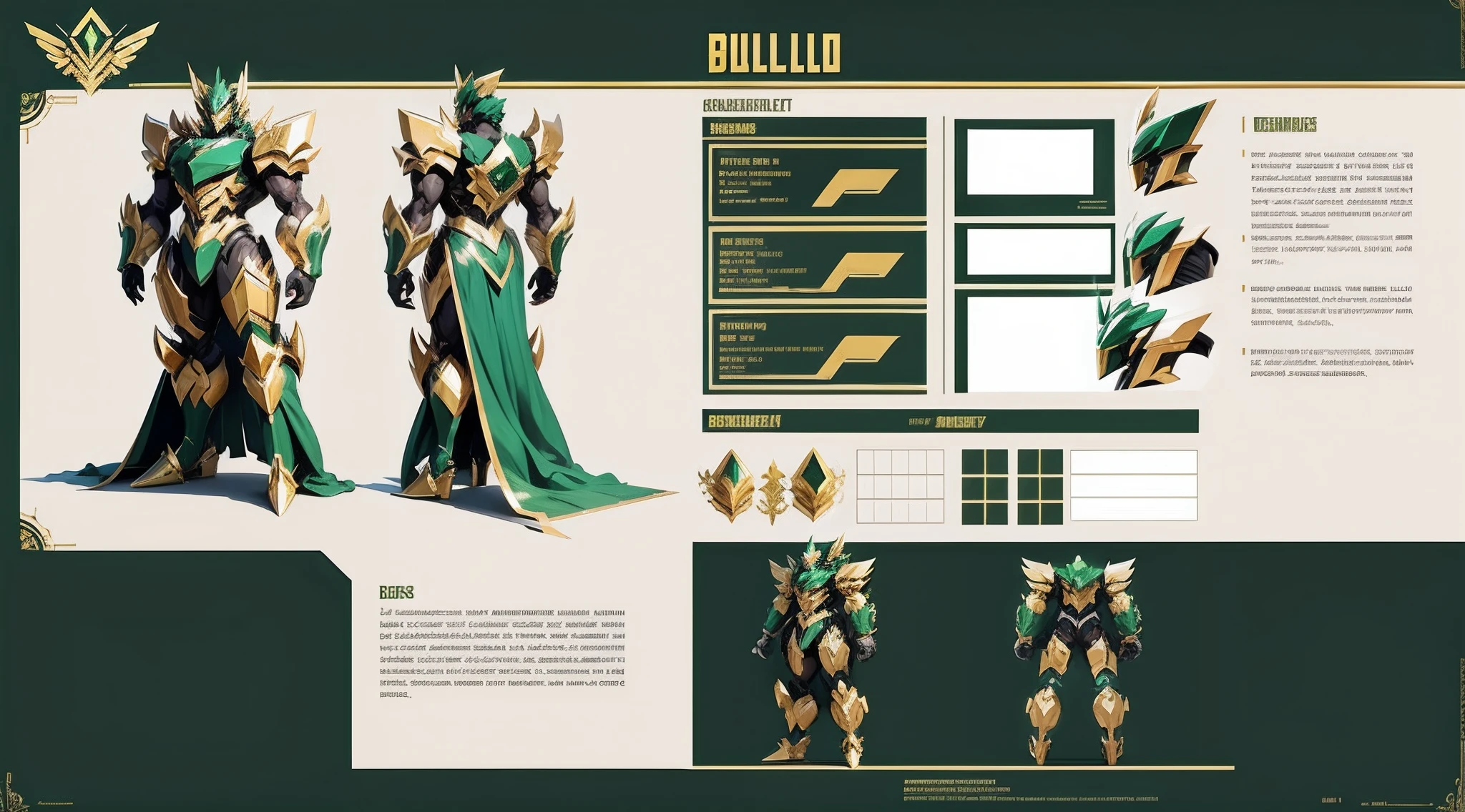 A bulky emerald and gold transformer full character reference sheet with truck like properties